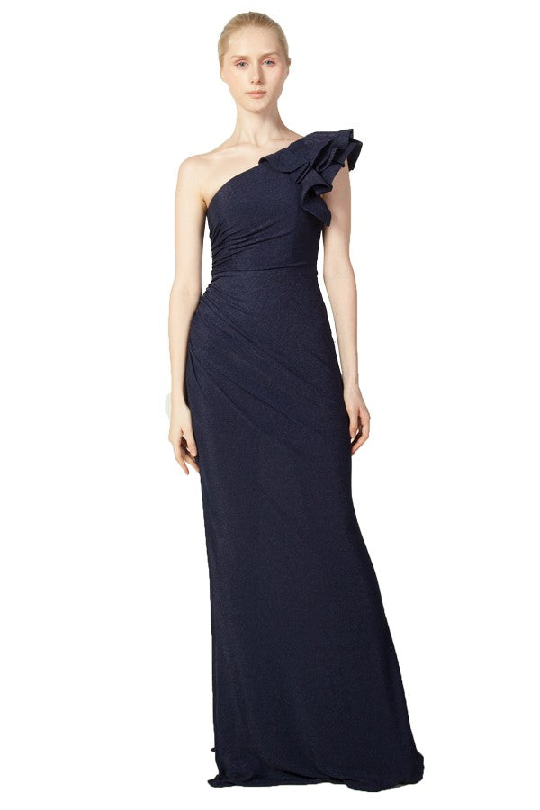 Miss Anne One Shoulder Ruffle Gown In Navy 223279
