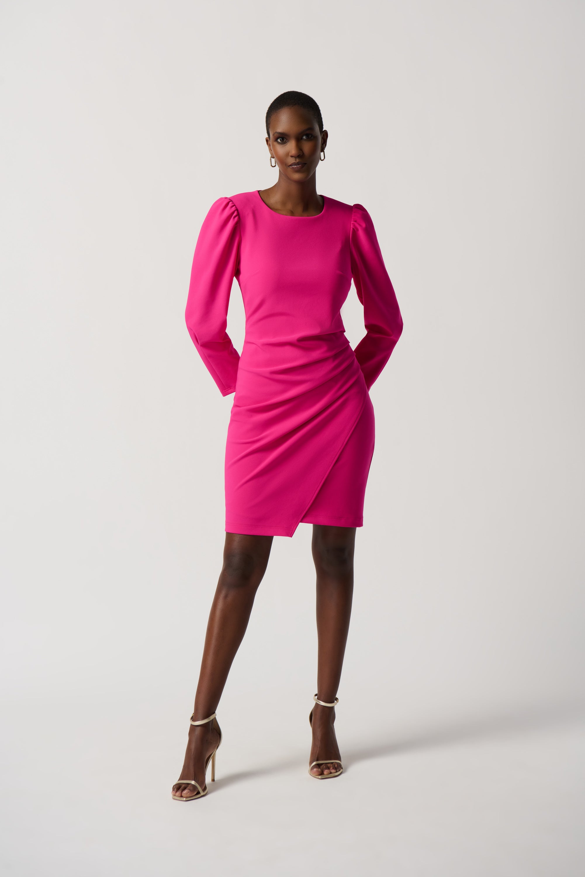 Stretch Twill Sheath Dress With Puff Sleeves 234025
