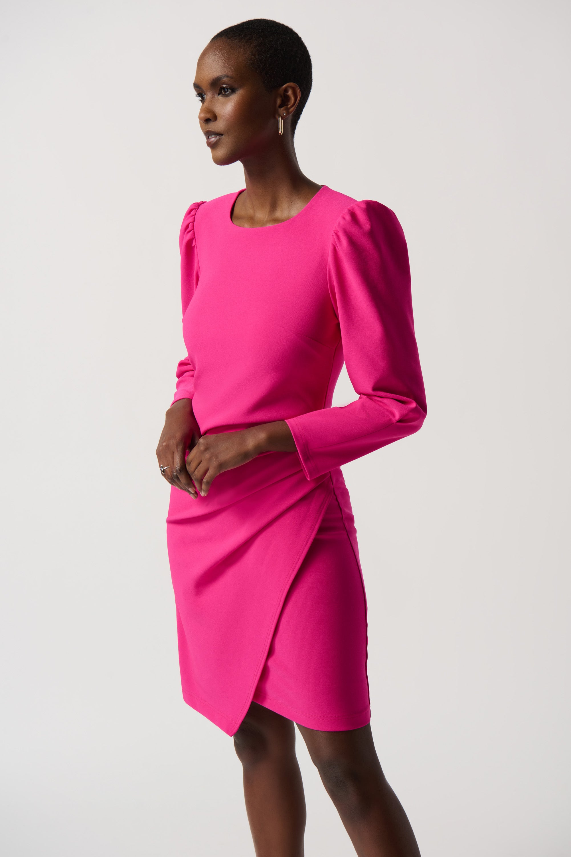 Stretch Twill Sheath Dress With Puff Sleeves 234025