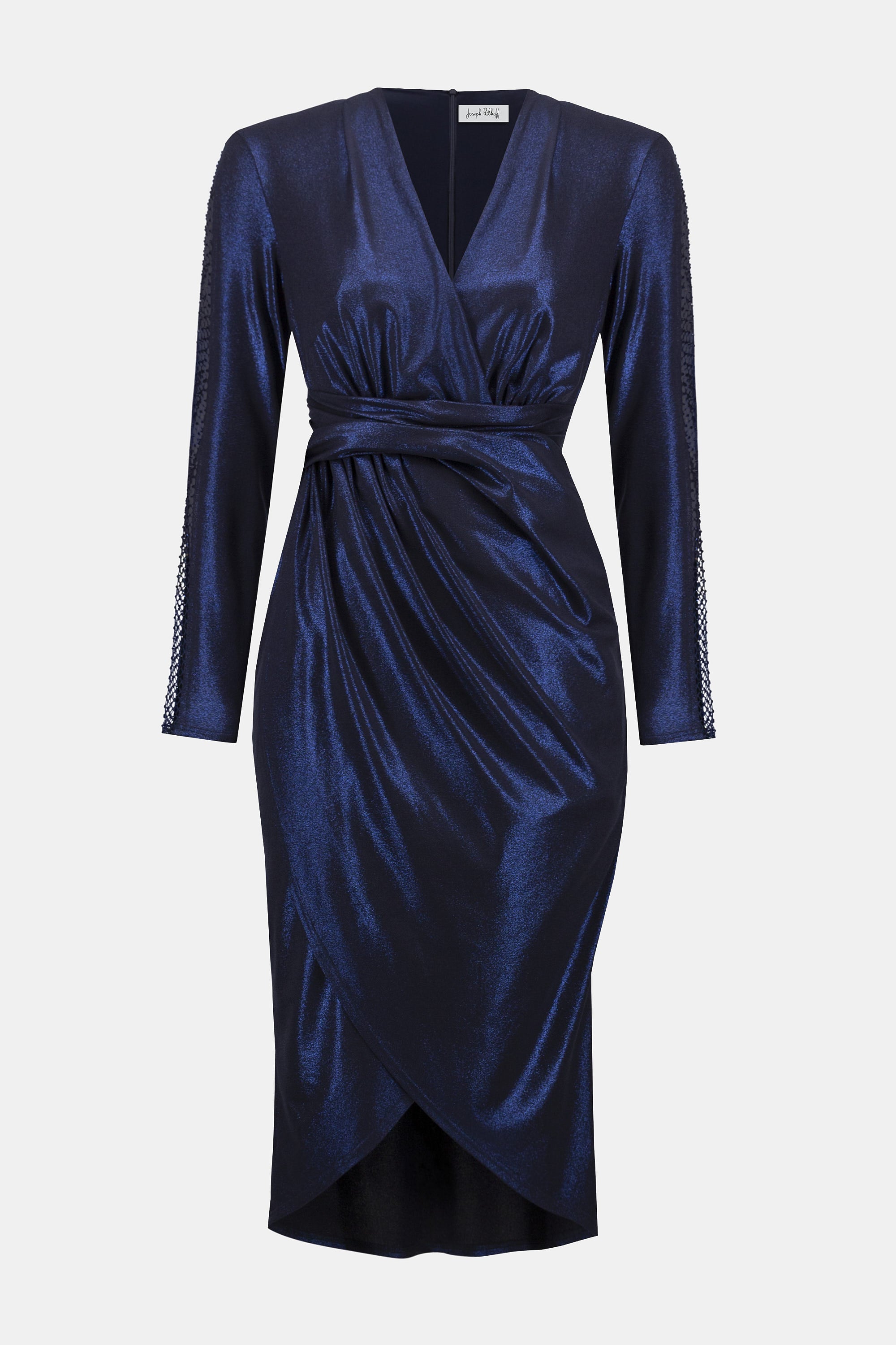 Foiled Knit Wrap Dress With Mesh Sleeve Detail