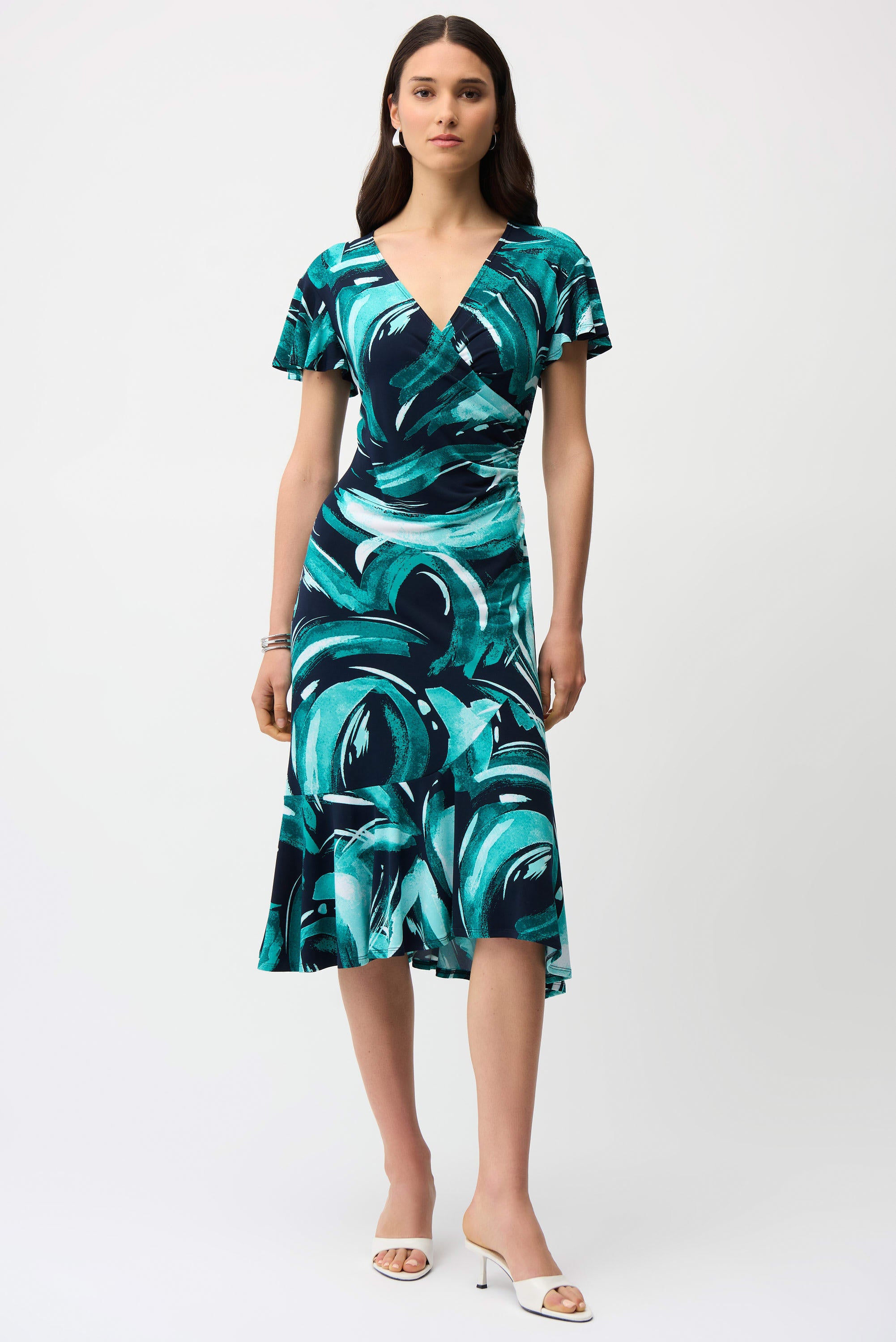 Silky Knit Abstract Print Fit and Flare Wrap Dress