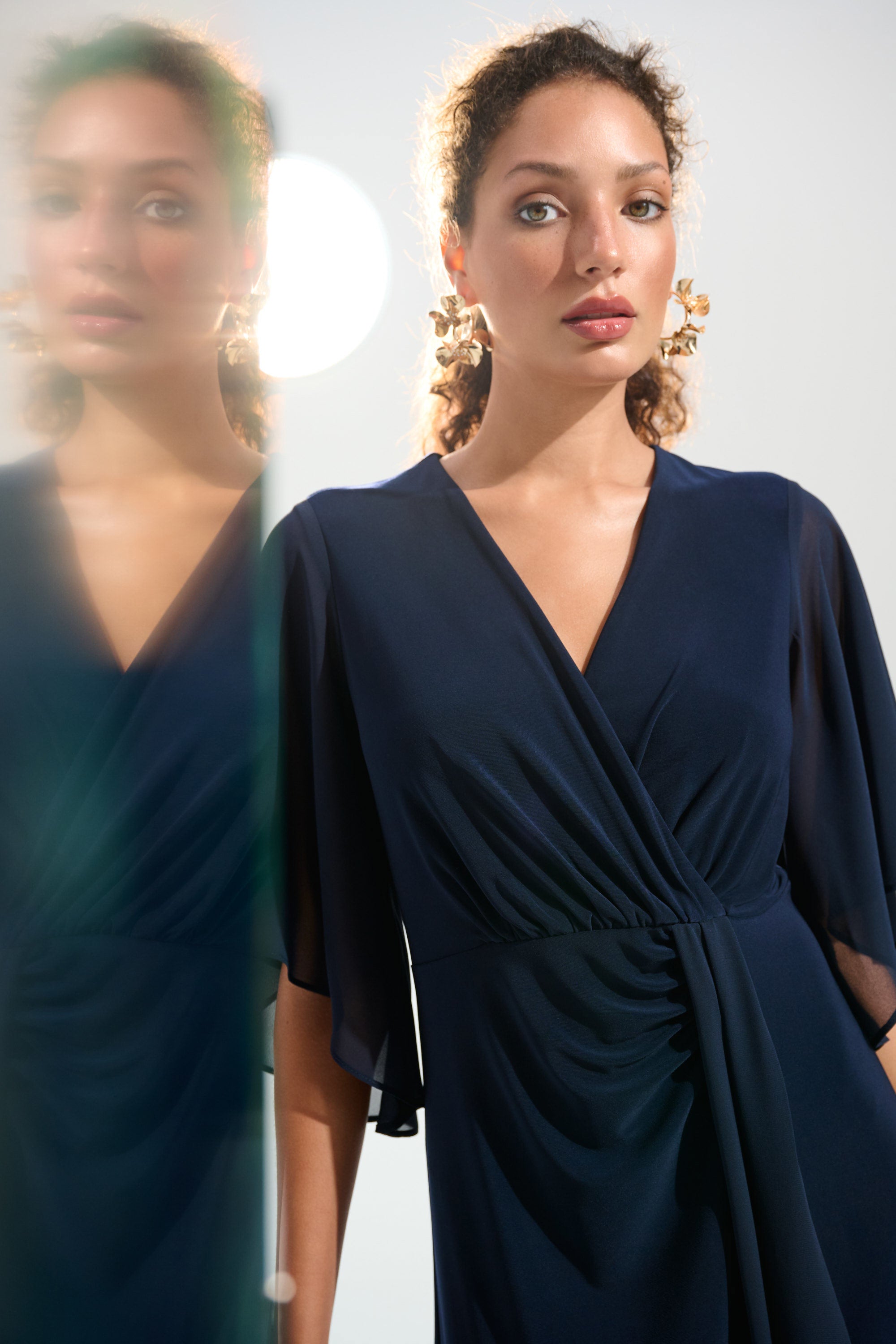 Silky Knit Fit and Flare Dress With Chiffon Draped Sash