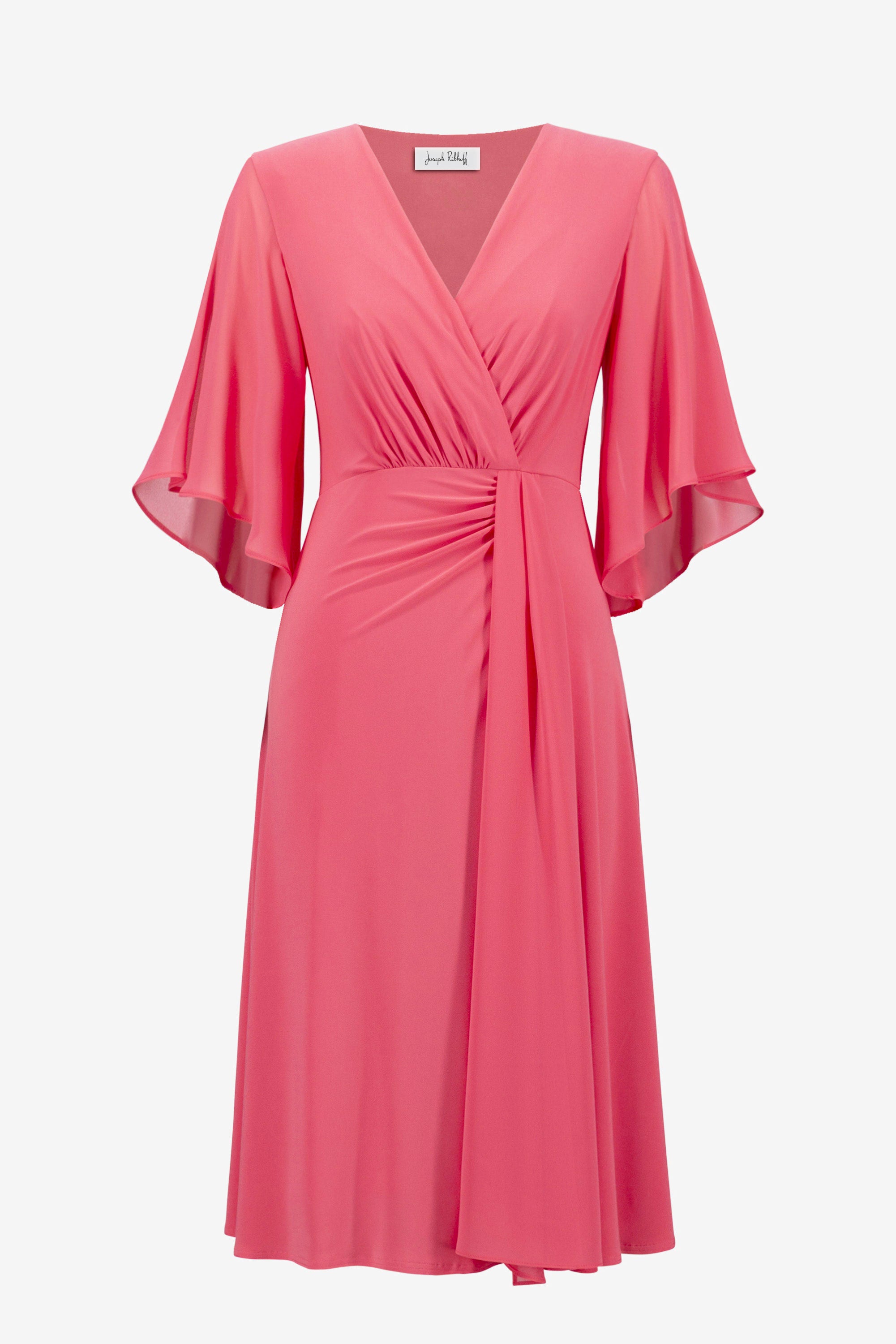 Silky Knit Fit and Flare Dress With Chiffon Draped Sash