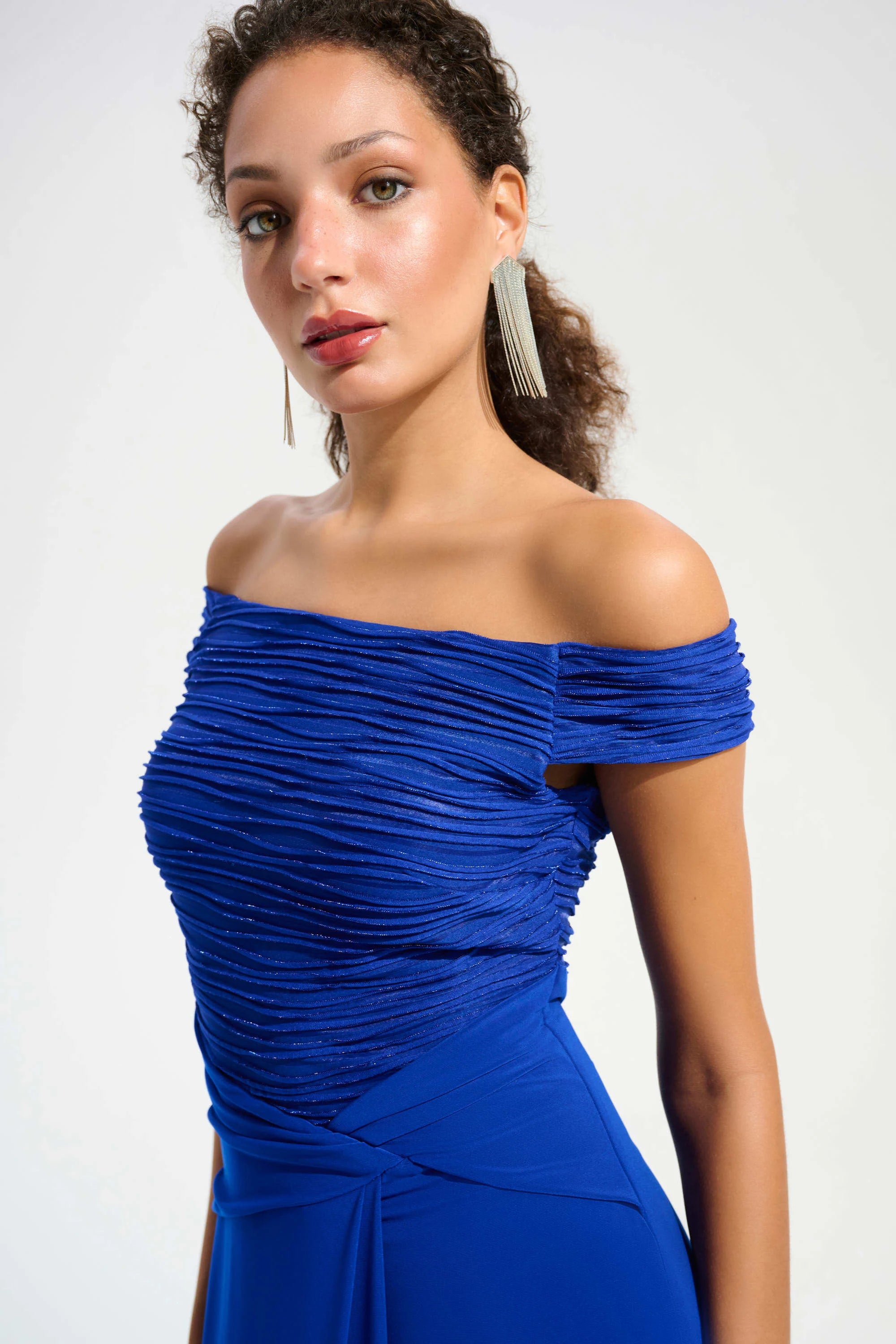 Silky Knit And Cascade Off-Shoulder Sheath Gown