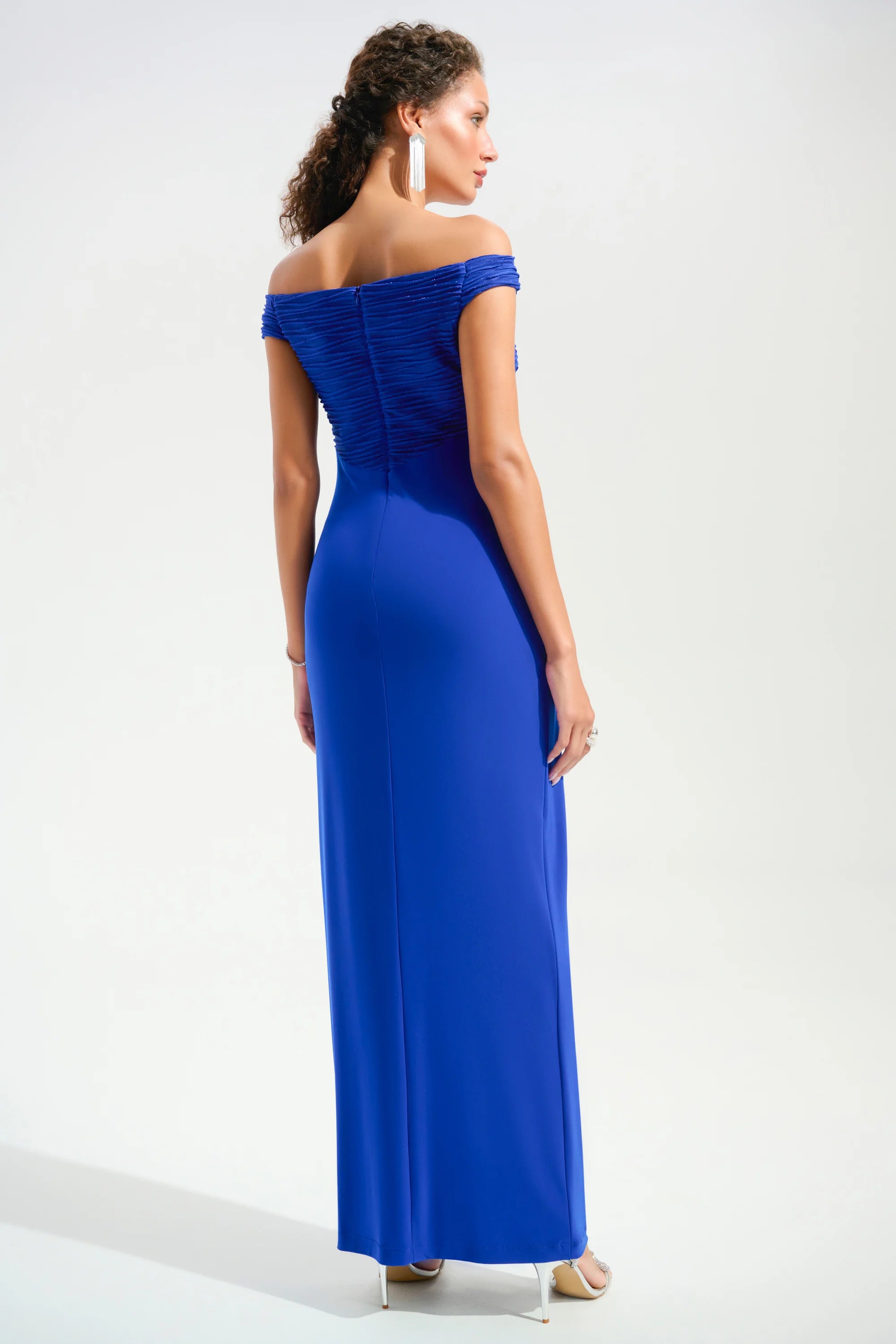 Silky Knit And Cascade Off-Shoulder Sheath Gown