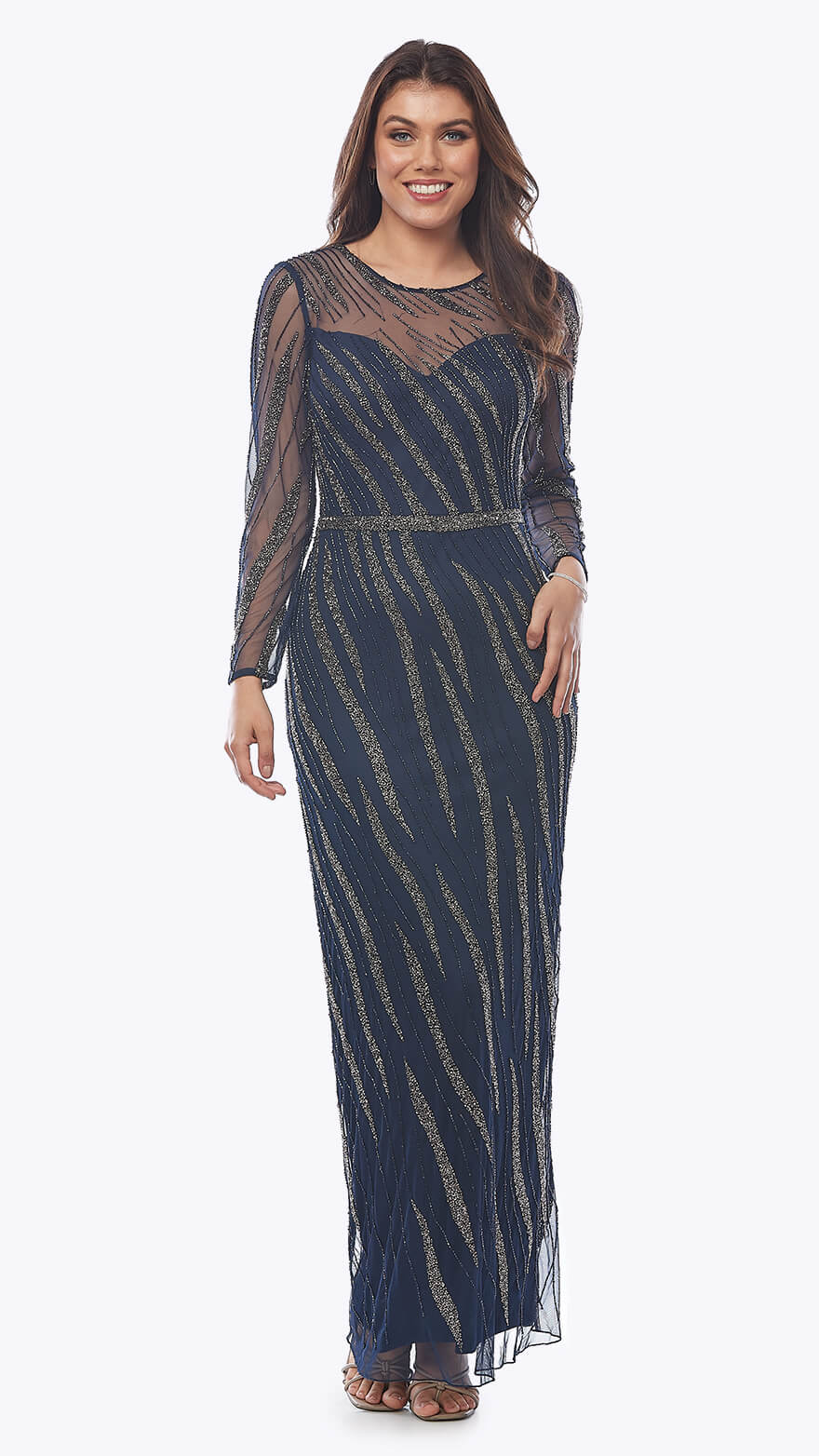 Jesse Harper Long Beaded Mesh Gown JH0556