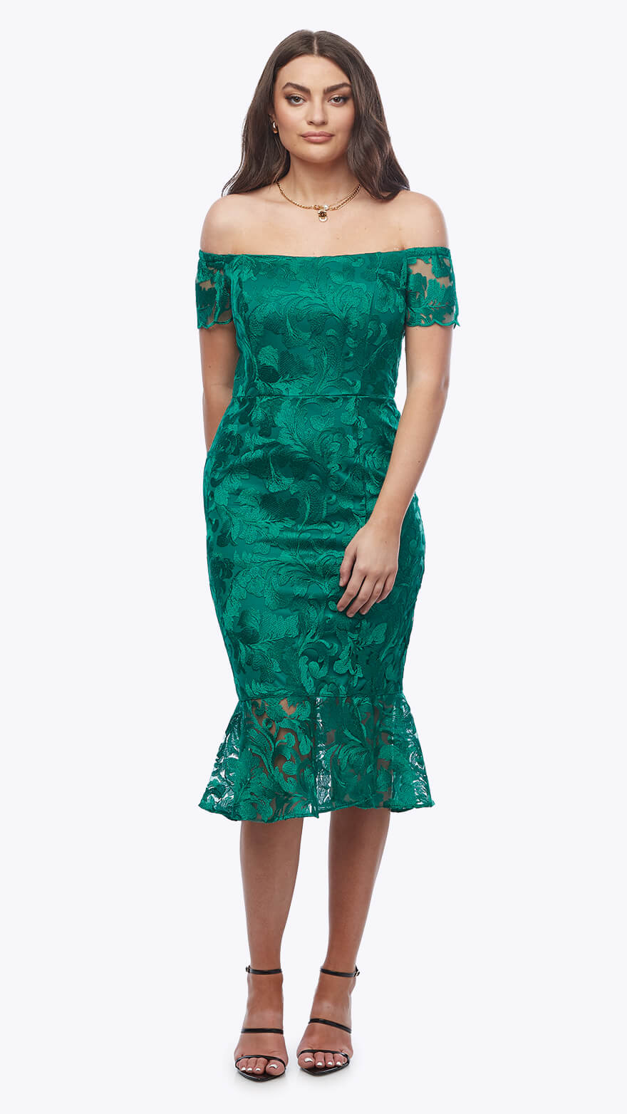 Off Shoulder Embroidered Mesh Midi Dress Z0411