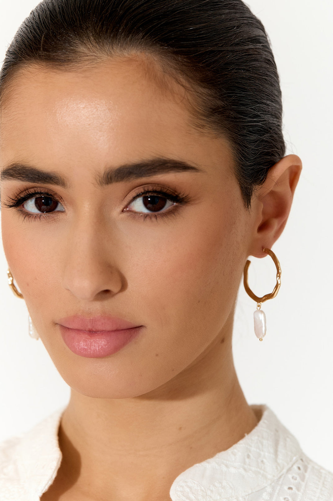 Beaten Metal Pearl Drop Hoops