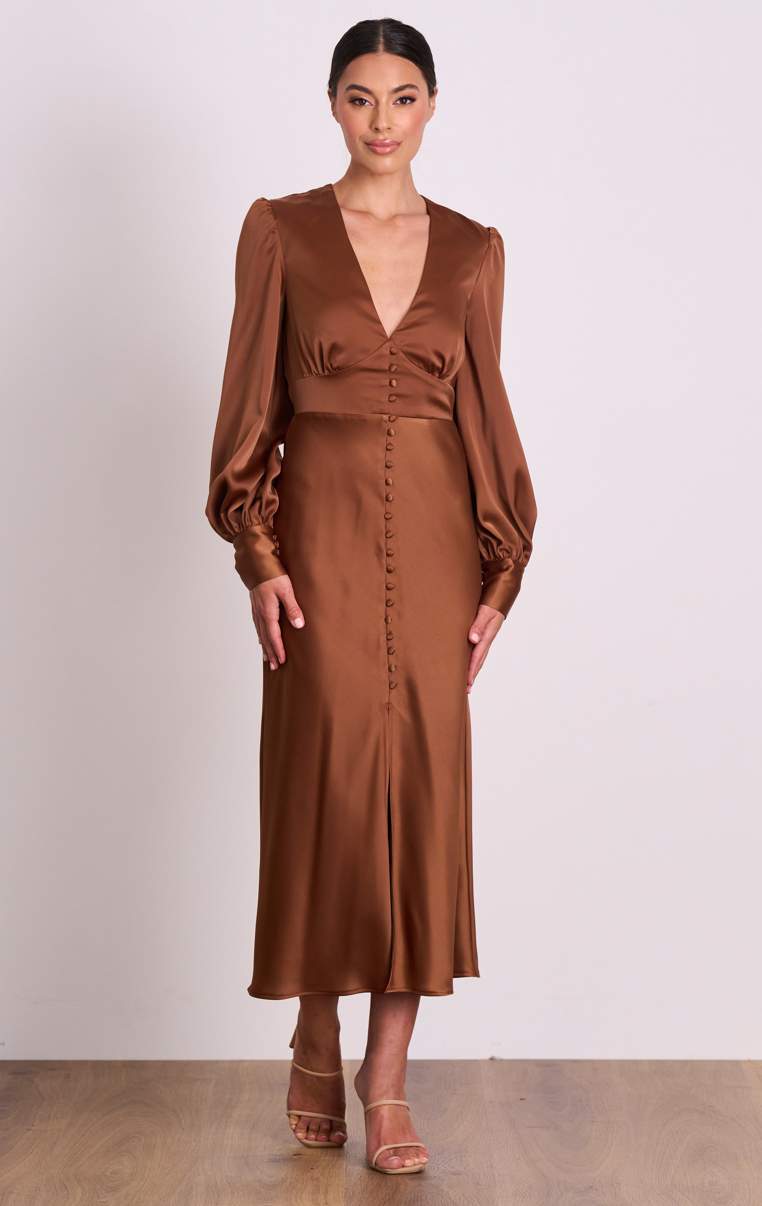 Flariana Button Midi Dress Light Brown