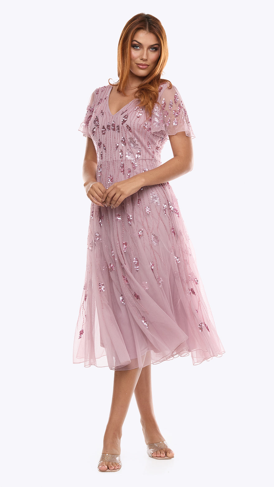 beaded mesh dress Tea Length Beaded Mesh Dress Z0393