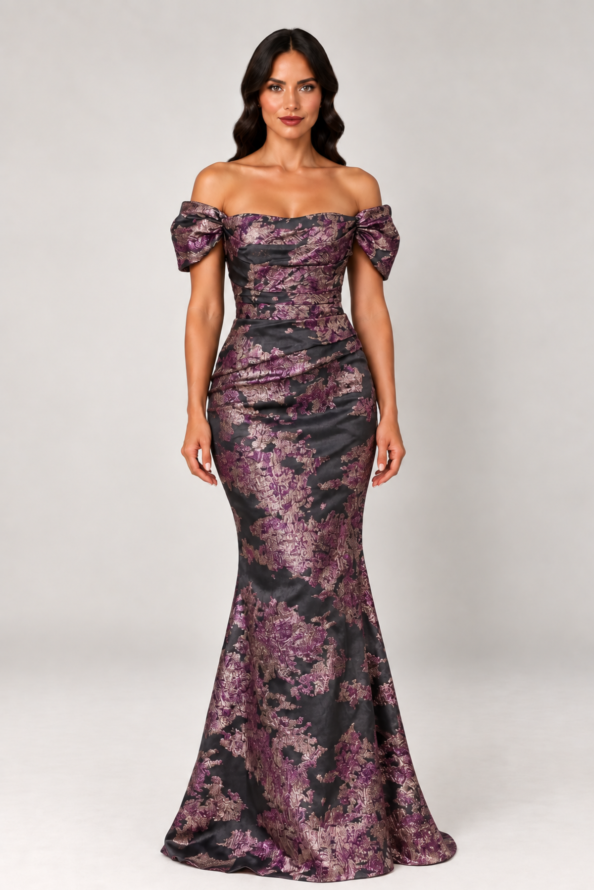 Off Shoulder Metallic Brocade Gown 1517