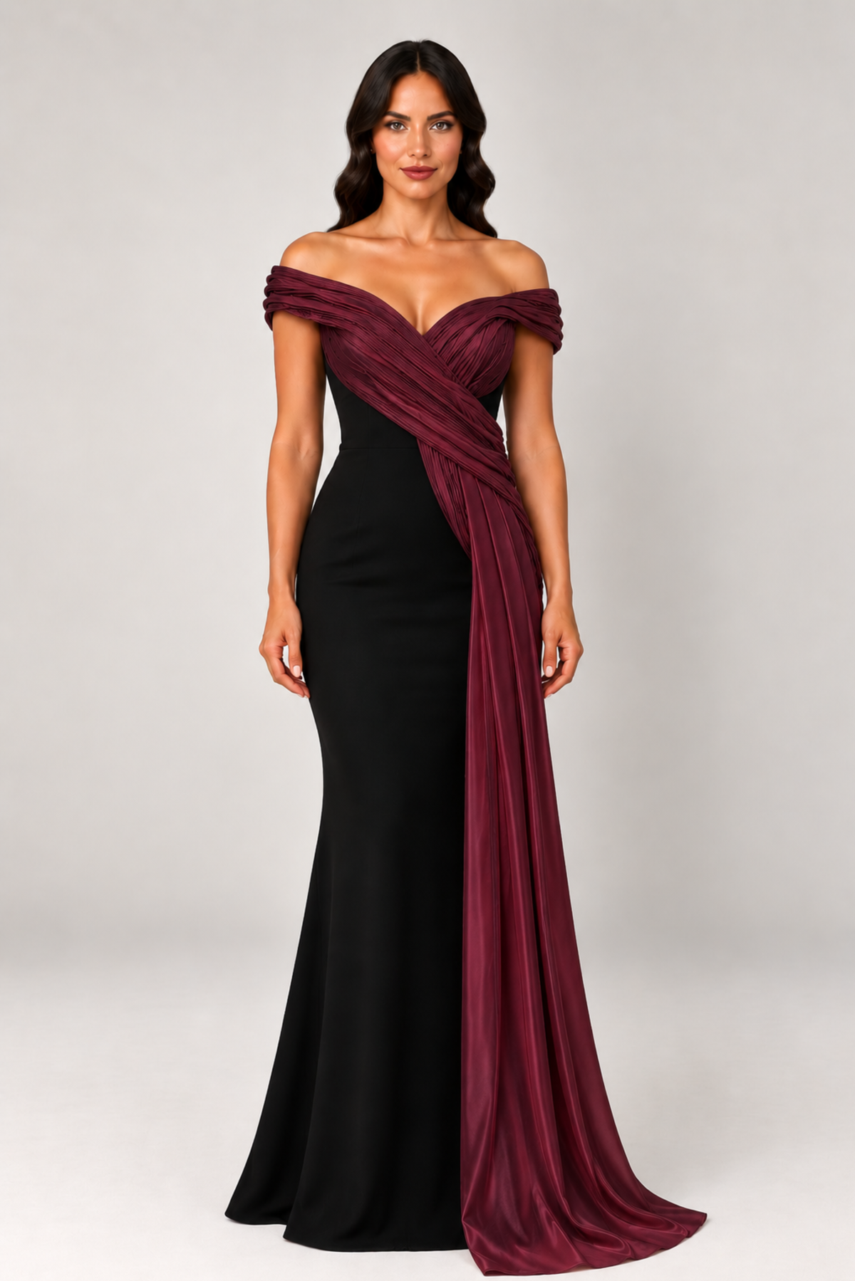 Liquid Satin Drape Off Shoulder Gown 1117
