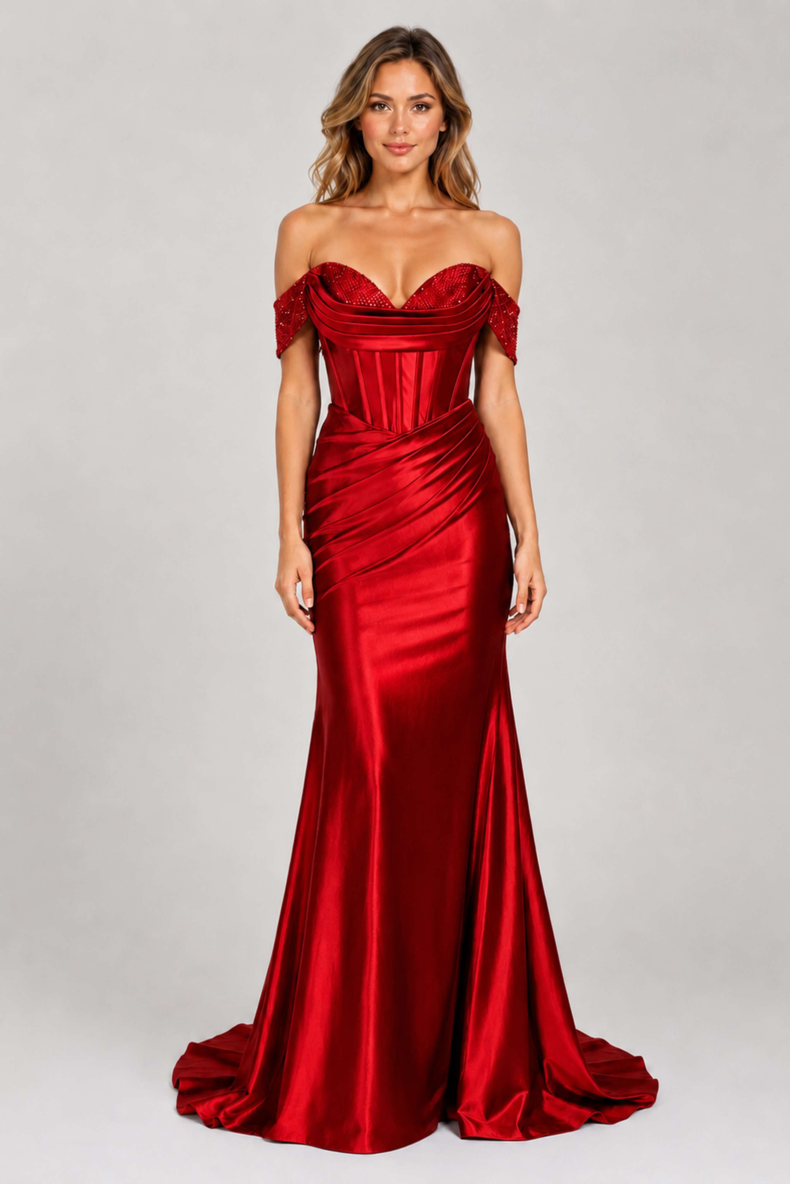 Off-Shoulder Beaded Satin Gown