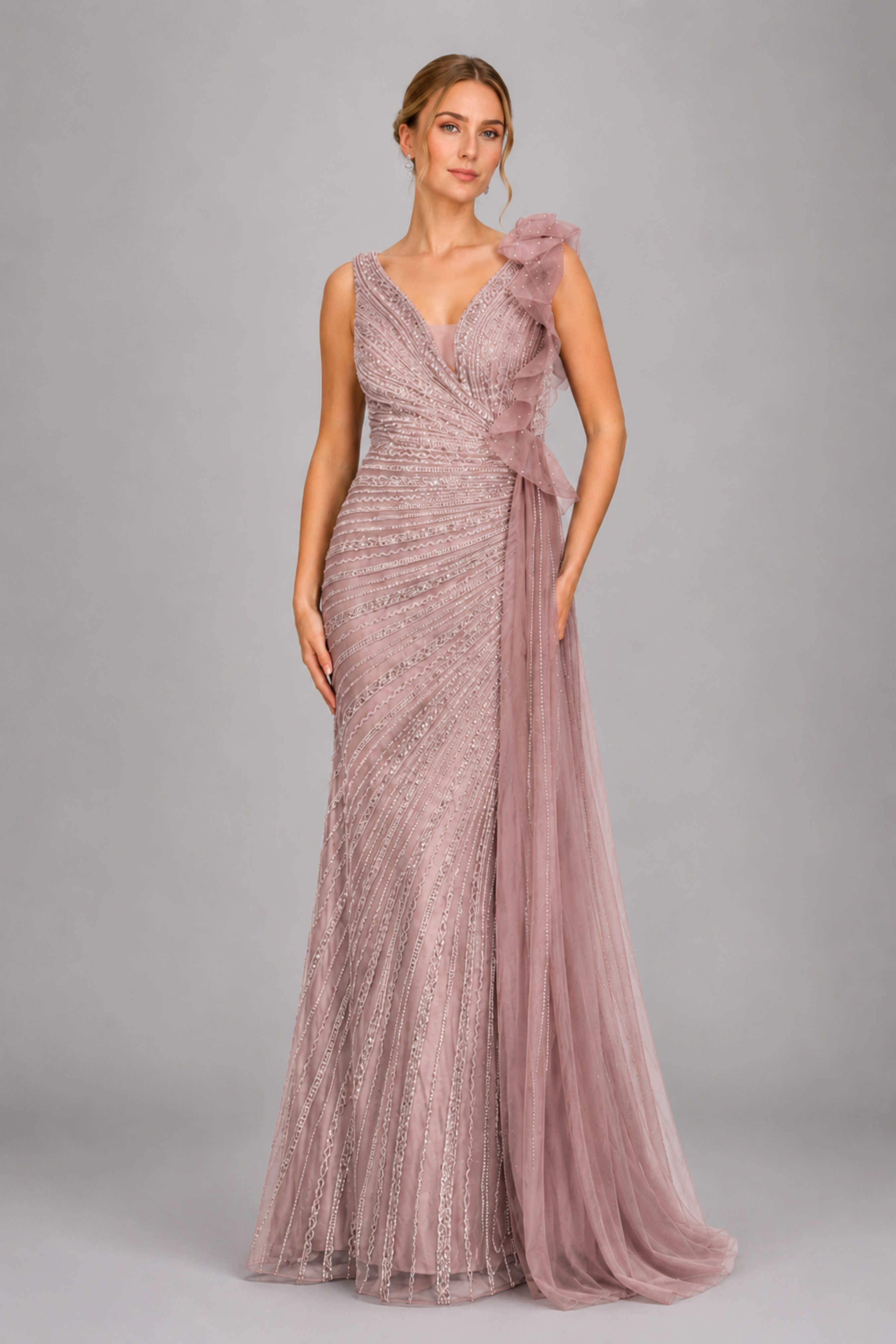 Fully Beaded And Sequined Evening Gown MC124