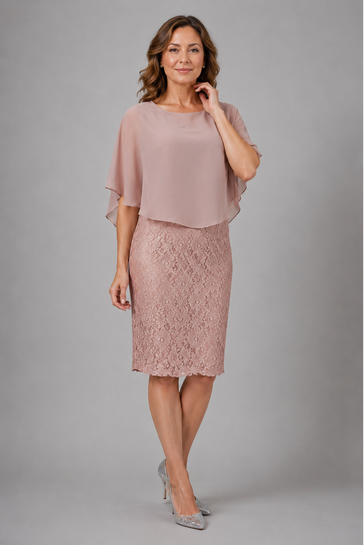 Lace Dress With A Chiffon Cascading Cape 217605