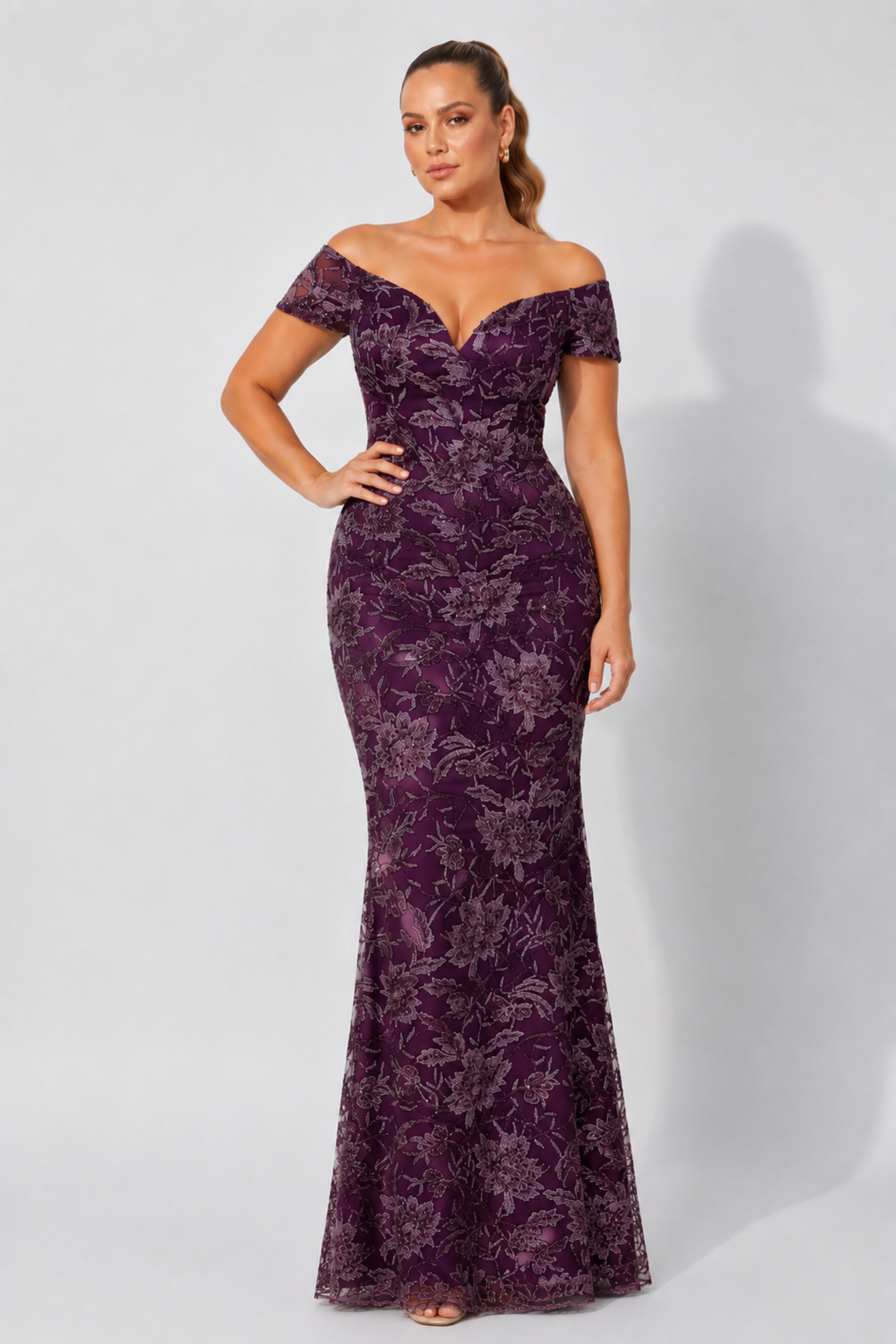Off Shoulder Lace Sequin Gown Z0445