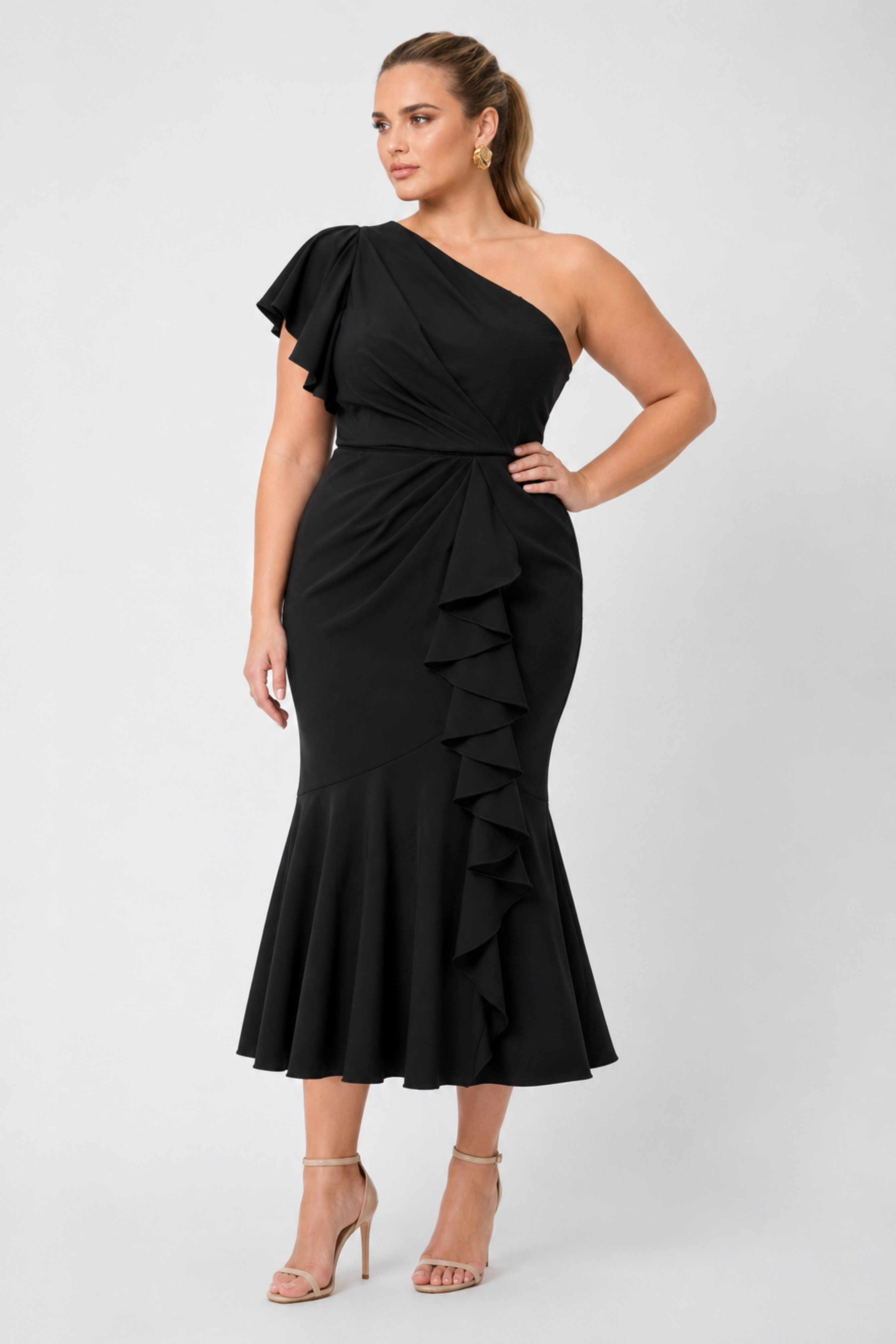 Oaklyn One Shoulder Ruffle Midi Dress