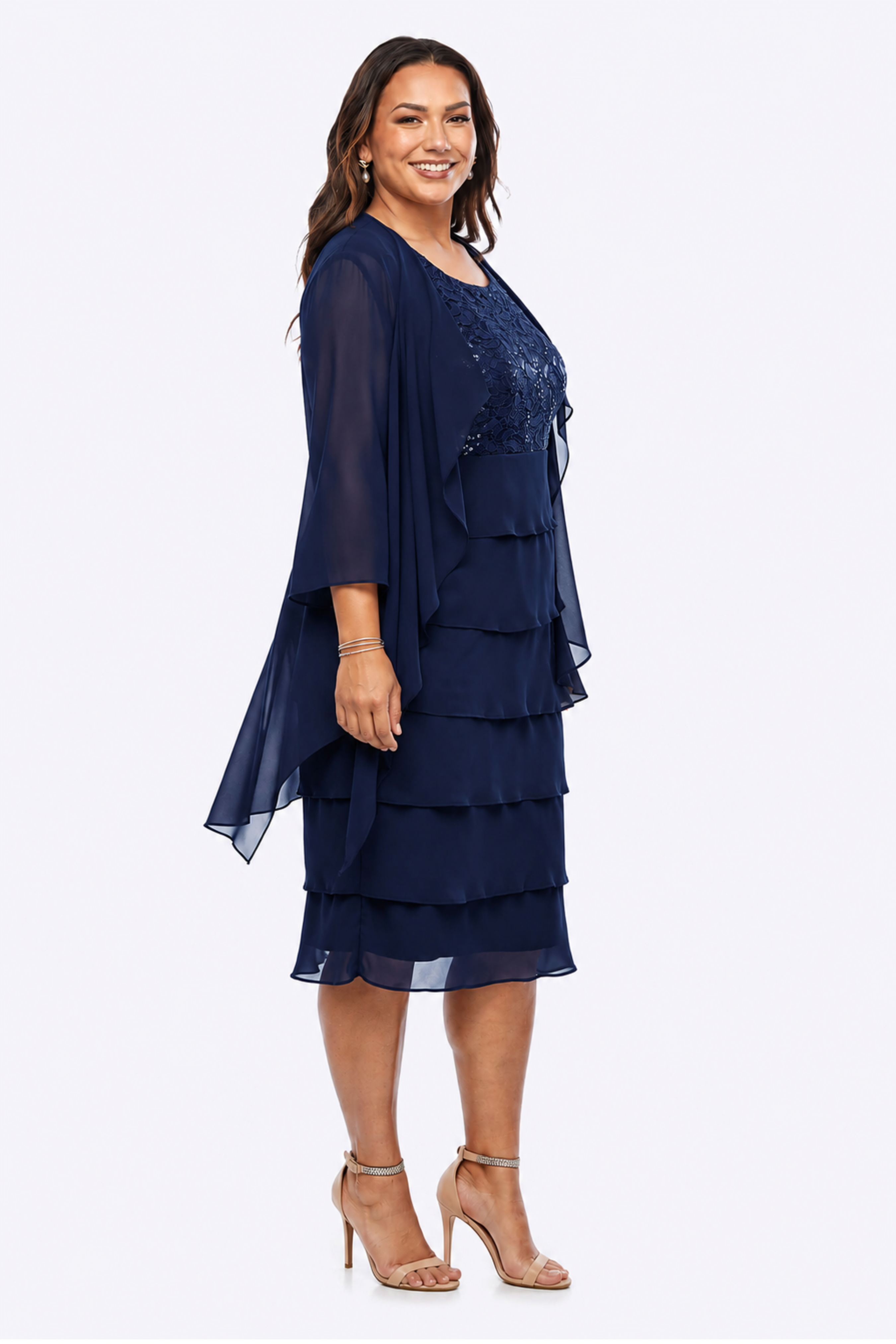 Stretch Sequin Lace Layered Dress with Chiffon Jacket LJ0467