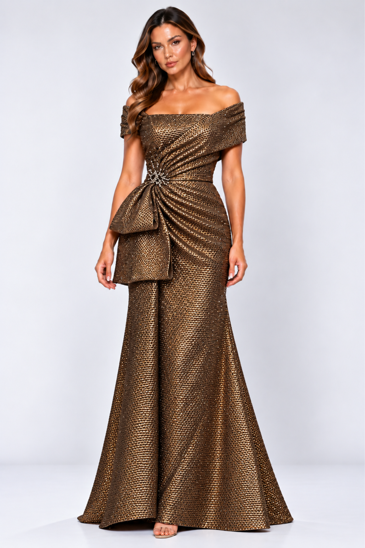Off-Shoulder Jacquard Sheath Gown with Cape Sleeves 261M6679