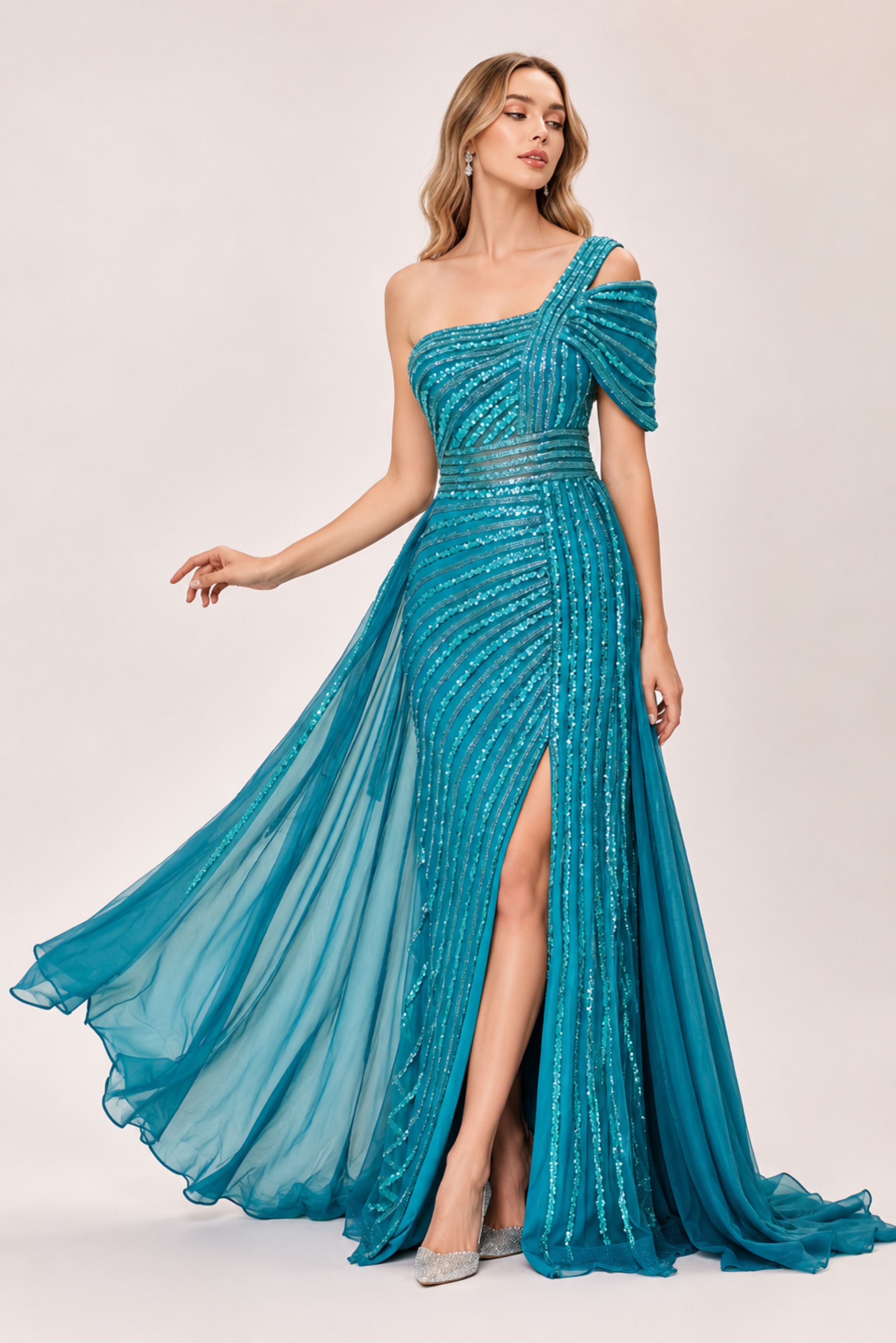 One-Shoulder Sequin Tulle Mermaid Gown