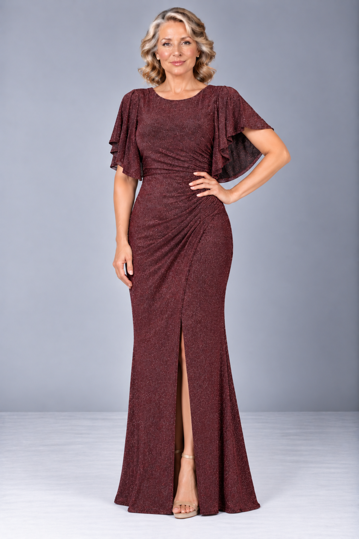 Flutter Sleeve Glitter Jersey Gown 222463