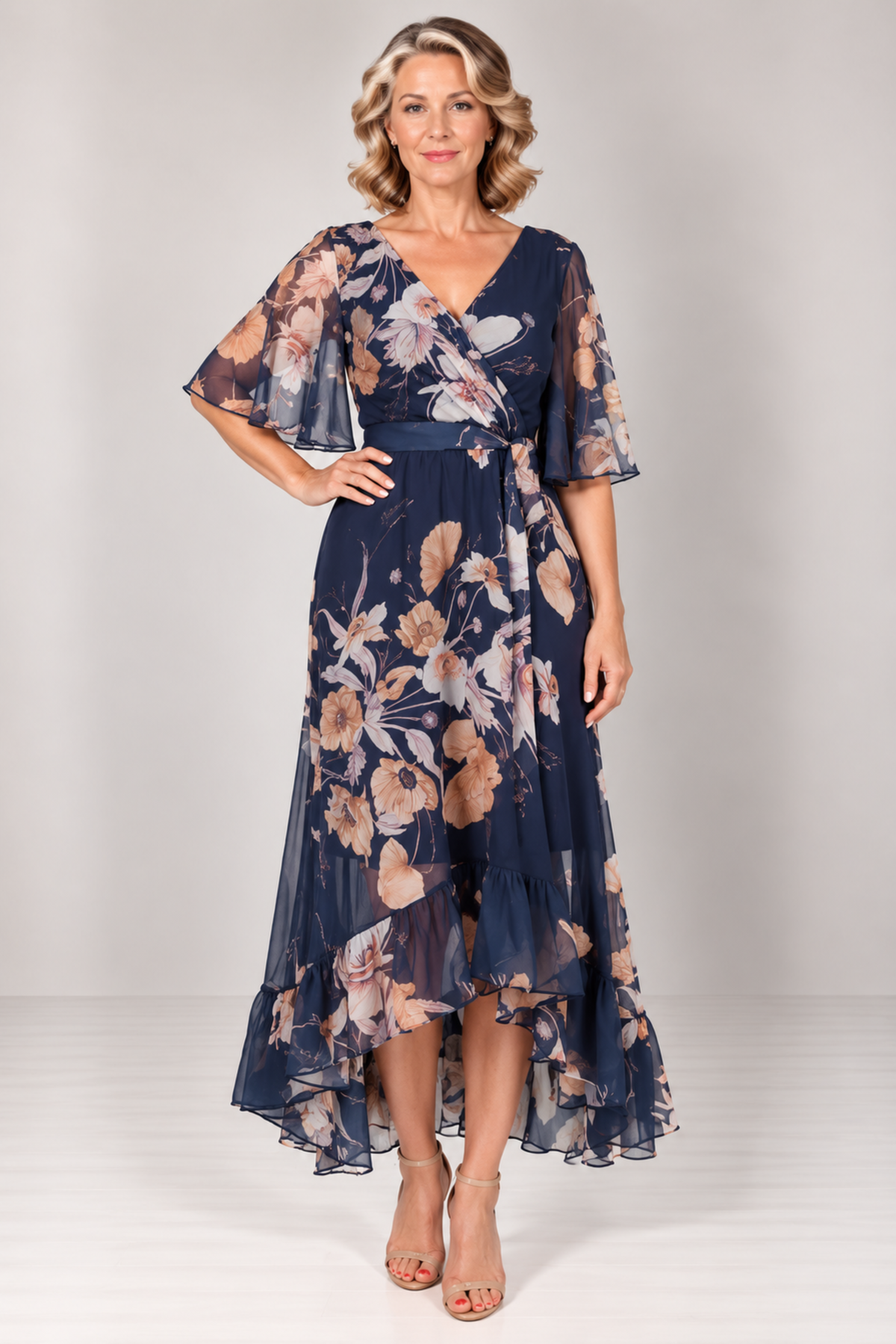 Wrap Hi-Lo Pleated Midi Dress 223439
