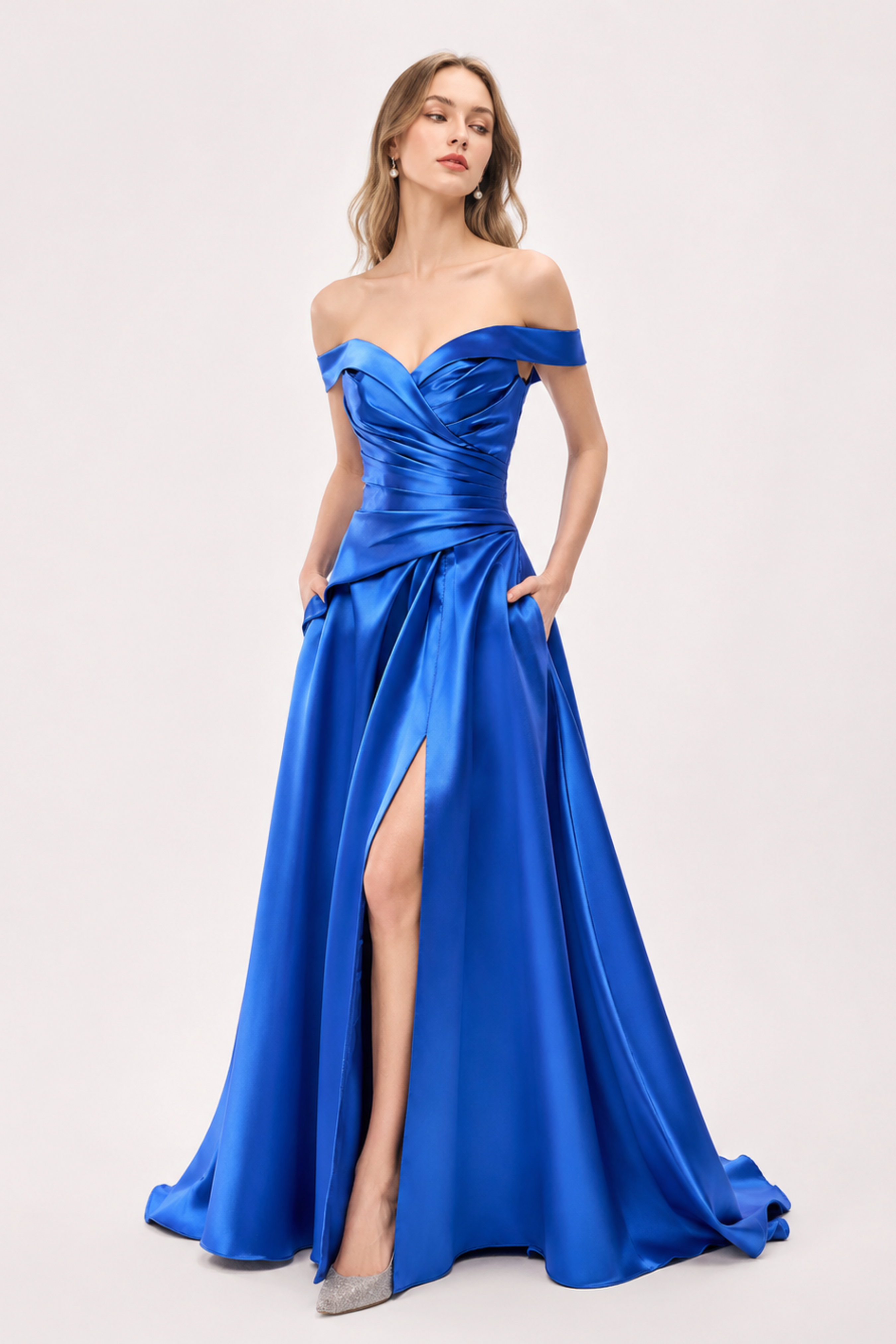 Sapphire Off-Shoulder Satin Gown
