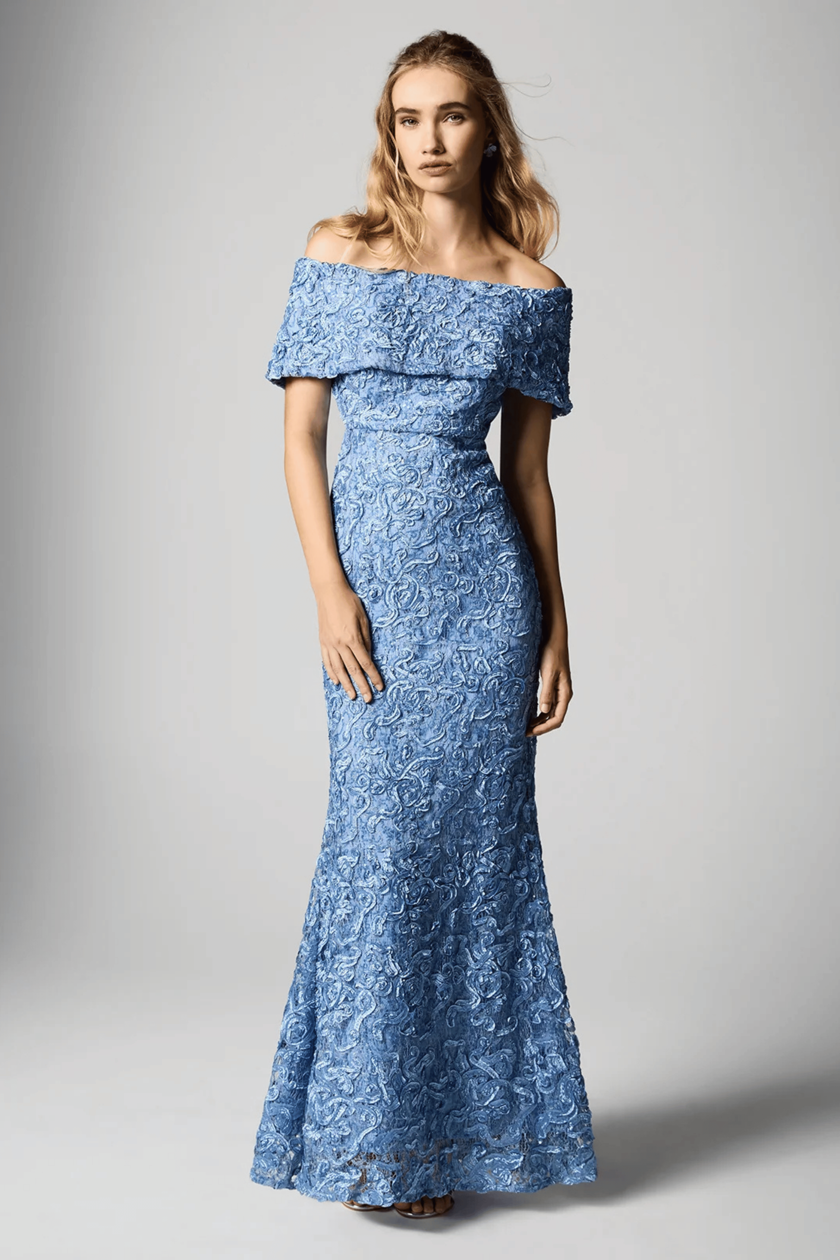Emerson Off Shoulder Gown in Sky Blue