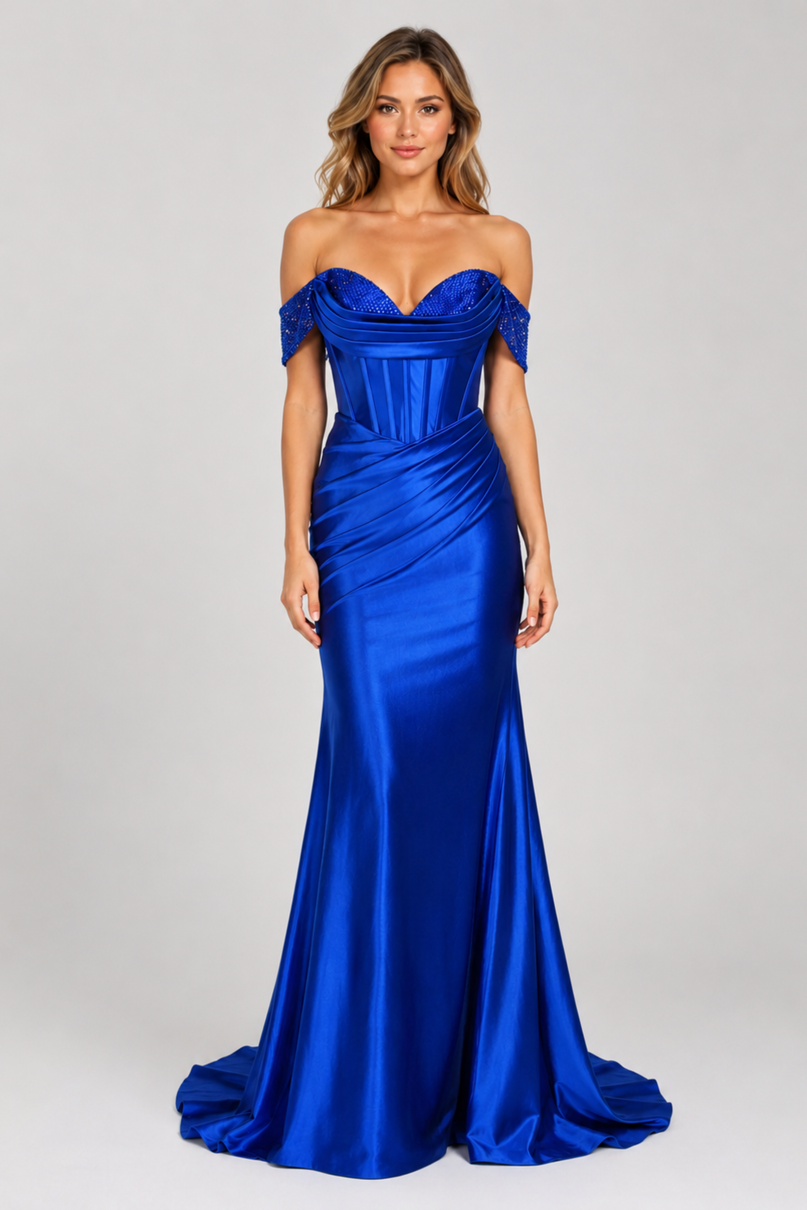 Off-Shoulder Beaded Satin Gown