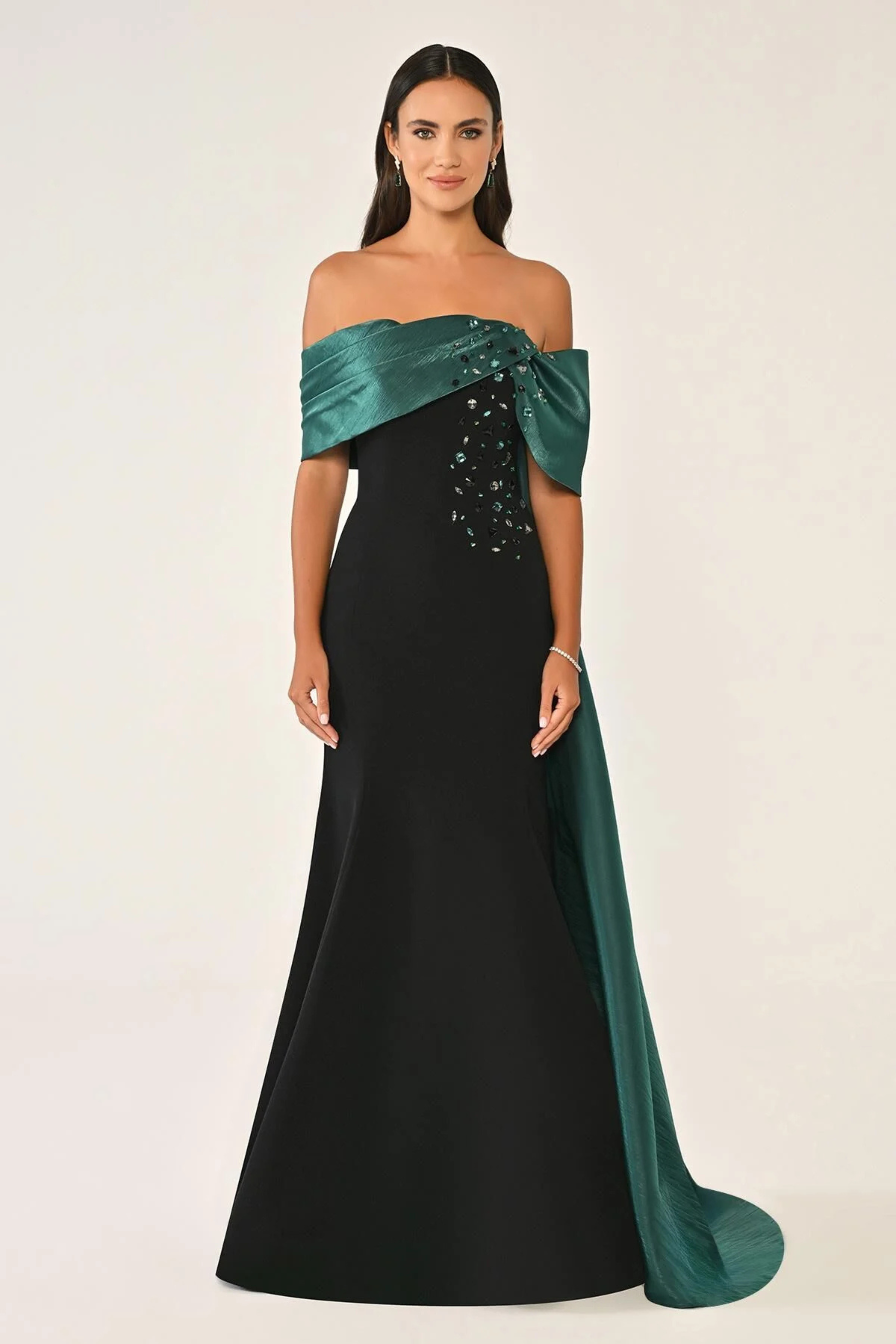 Off Shoulder Crystal Embellished Gown with Train 6926