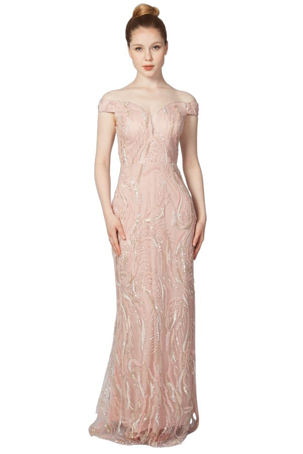 Off Shoulder Beaded Gown 224384
