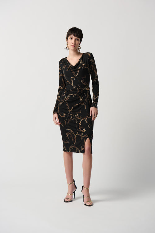 Baroque Folied Silky Knit Sheath Dress With Ornament