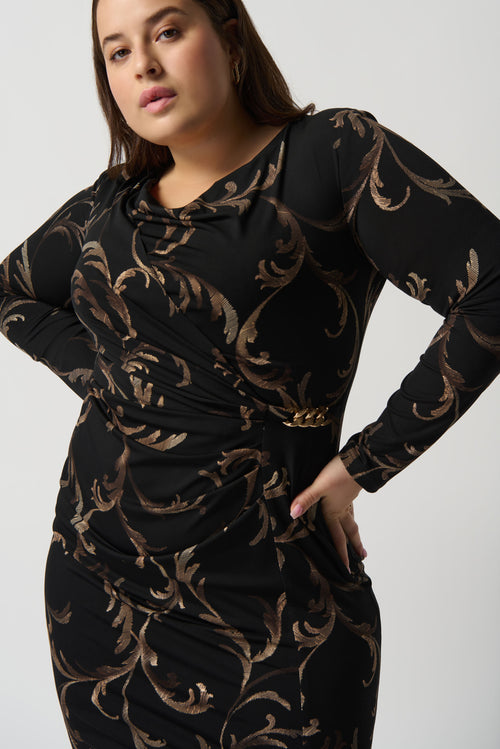 Baroque Folied Silky Knit Sheath Dress With Ornament