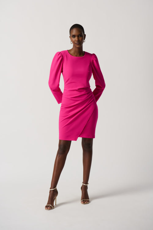 Stretch Twill Sheath Dress With Puff Sleeves