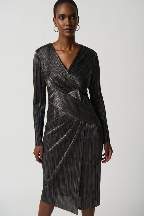 Metallic Crinkle Faux Wrap Dress