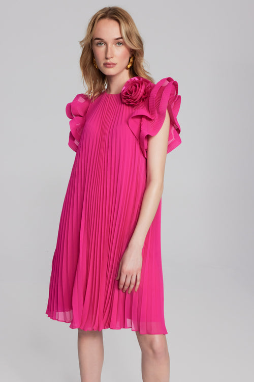 Chiffon Pleated Dress with Organza Flower Detail