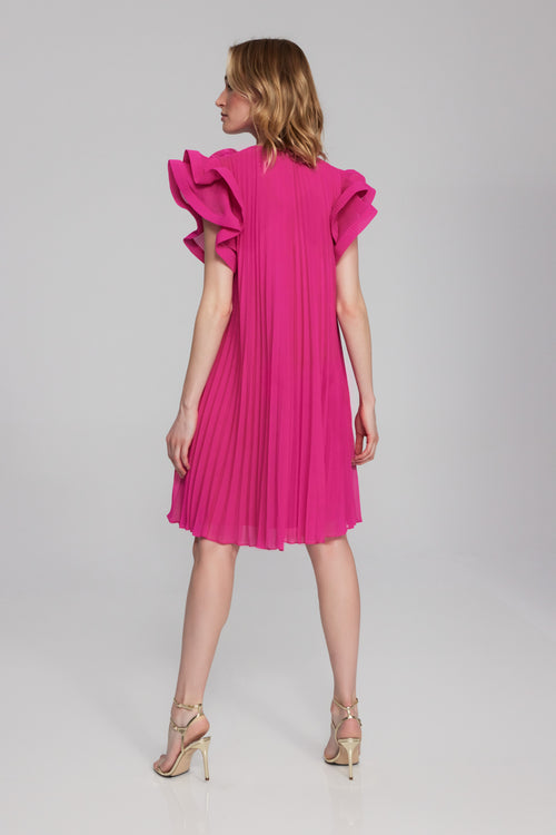 Chiffon Pleated Dress with Organza Flower Detail