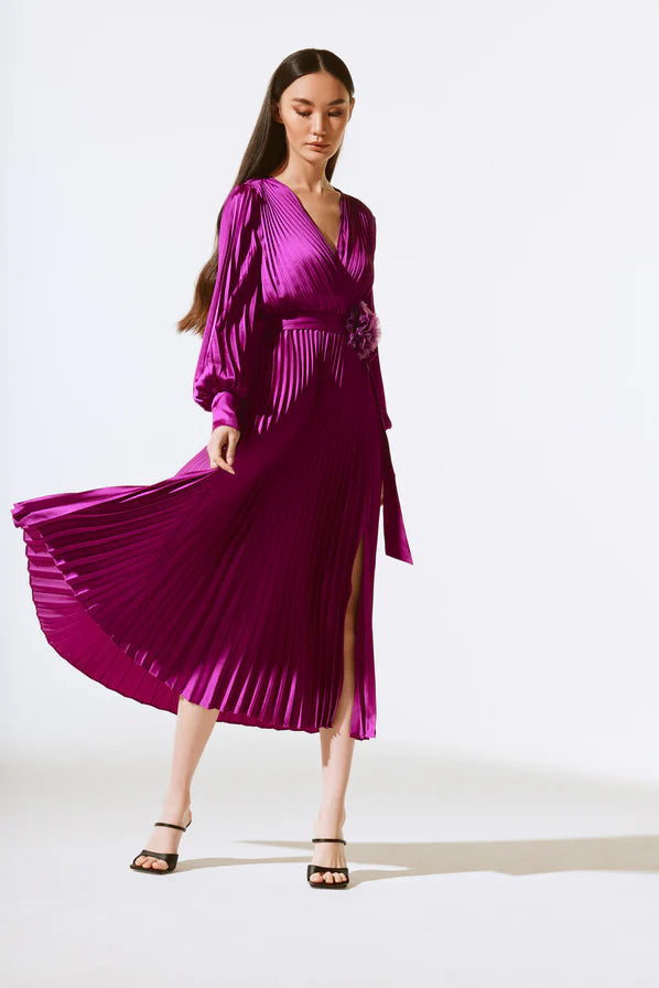 Satin pleated midi dress shop