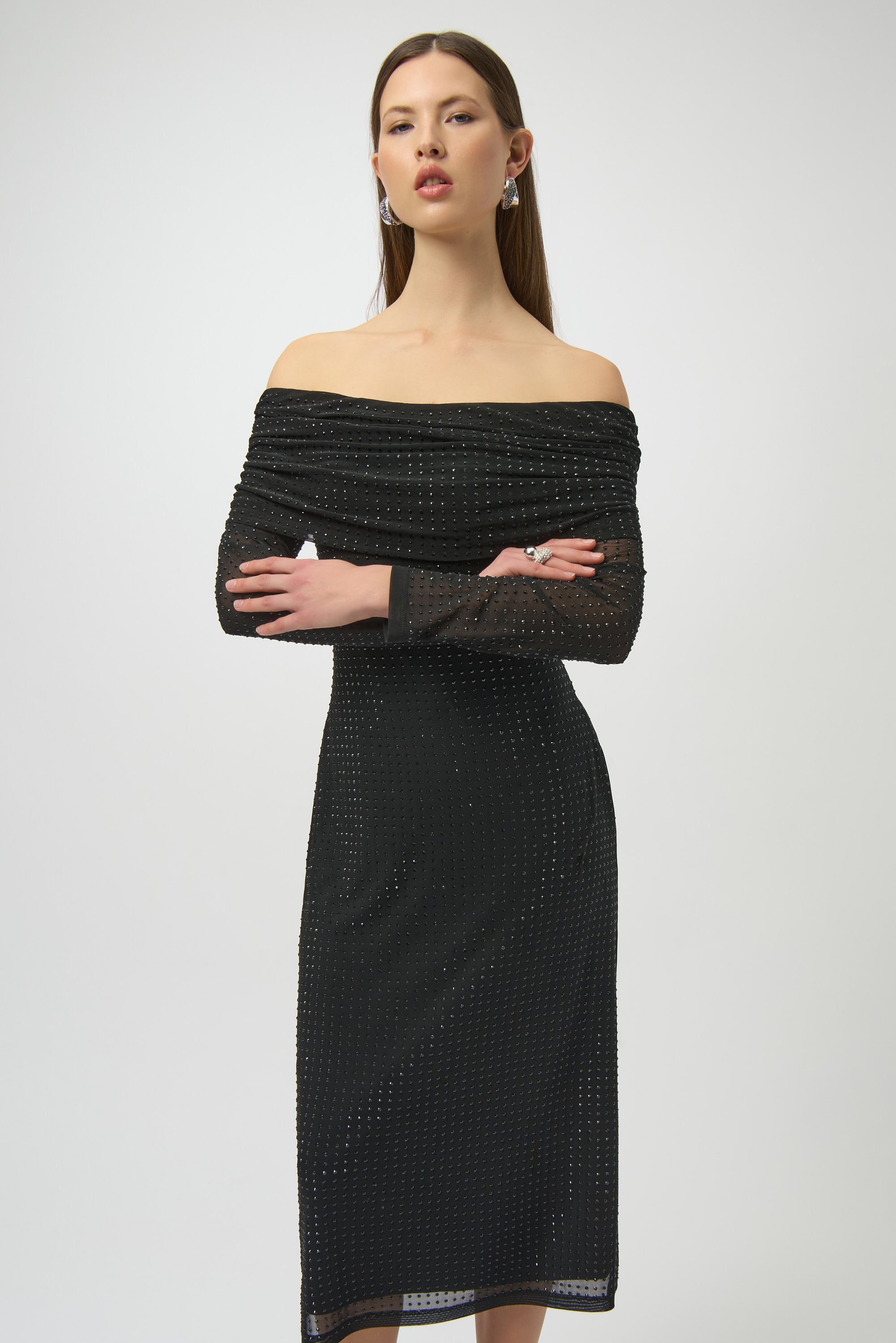 Rhinestone Mesh Off-Shoulder Midi Dress