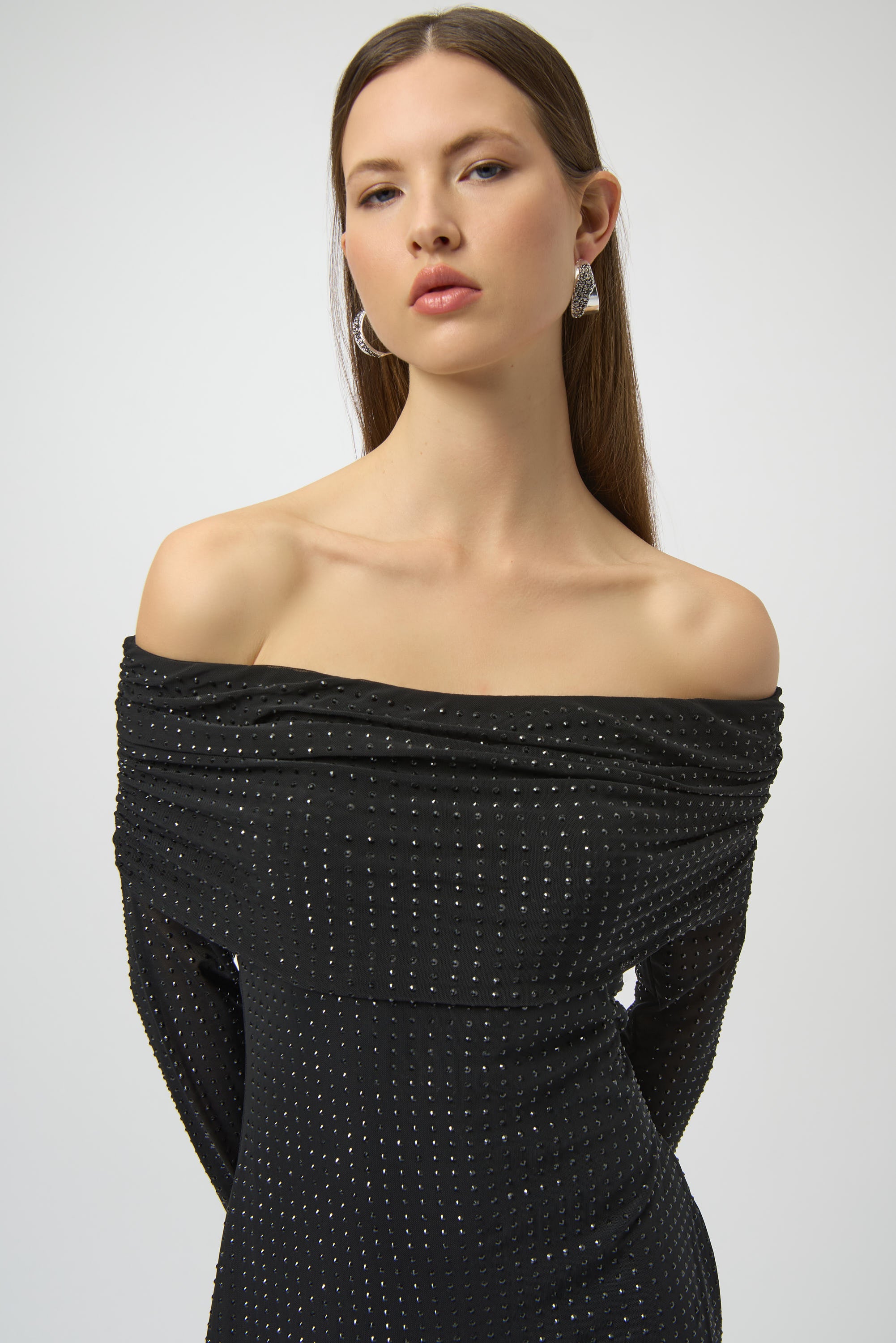Rhinestone Mesh Off-Shoulder Midi Dress