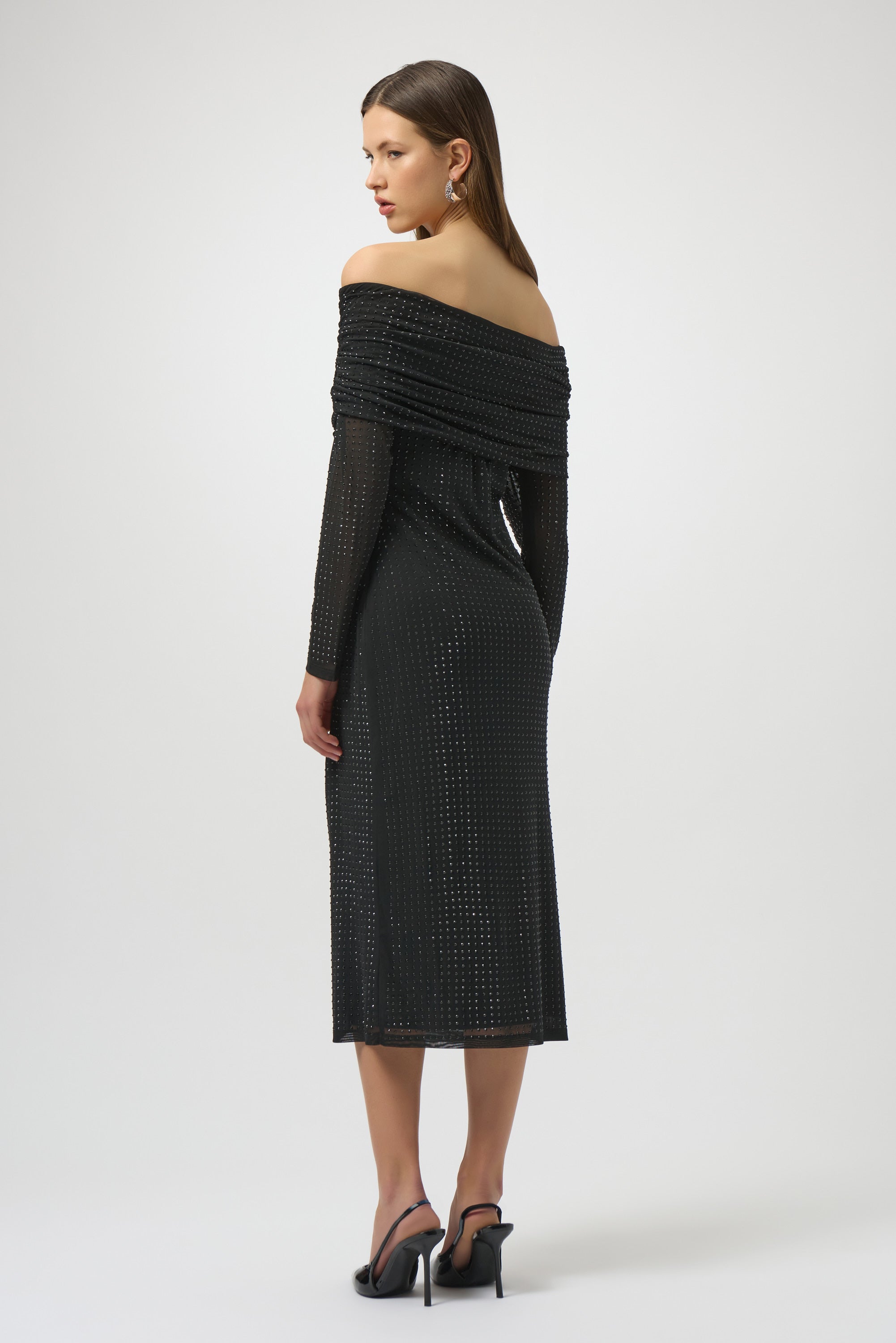 Rhinestone Mesh Off-Shoulder Midi Dress