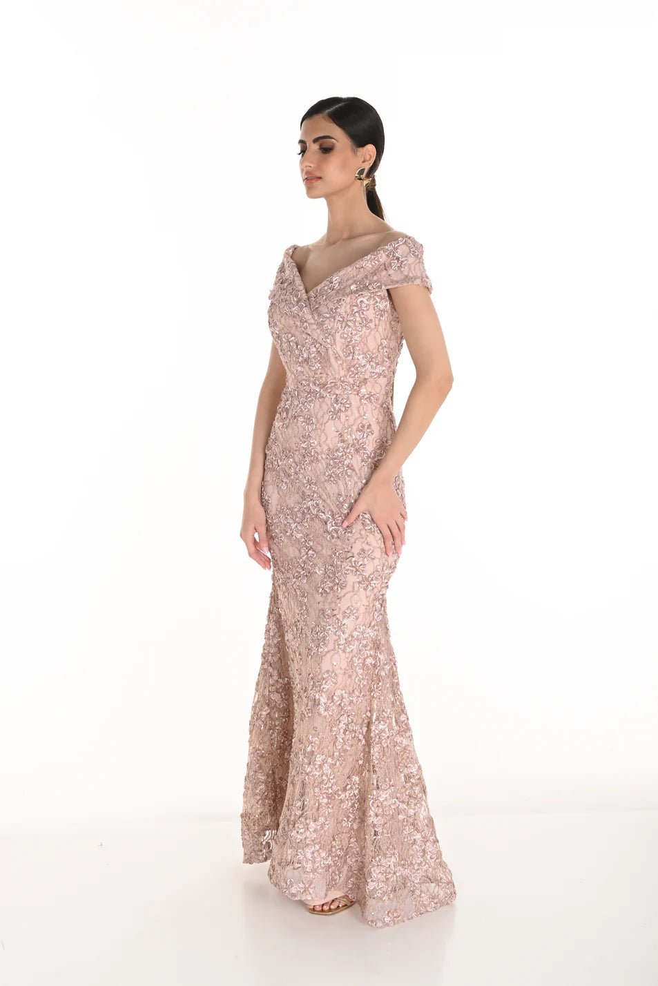 Off Shoulder Sequin Lace Dress 259716