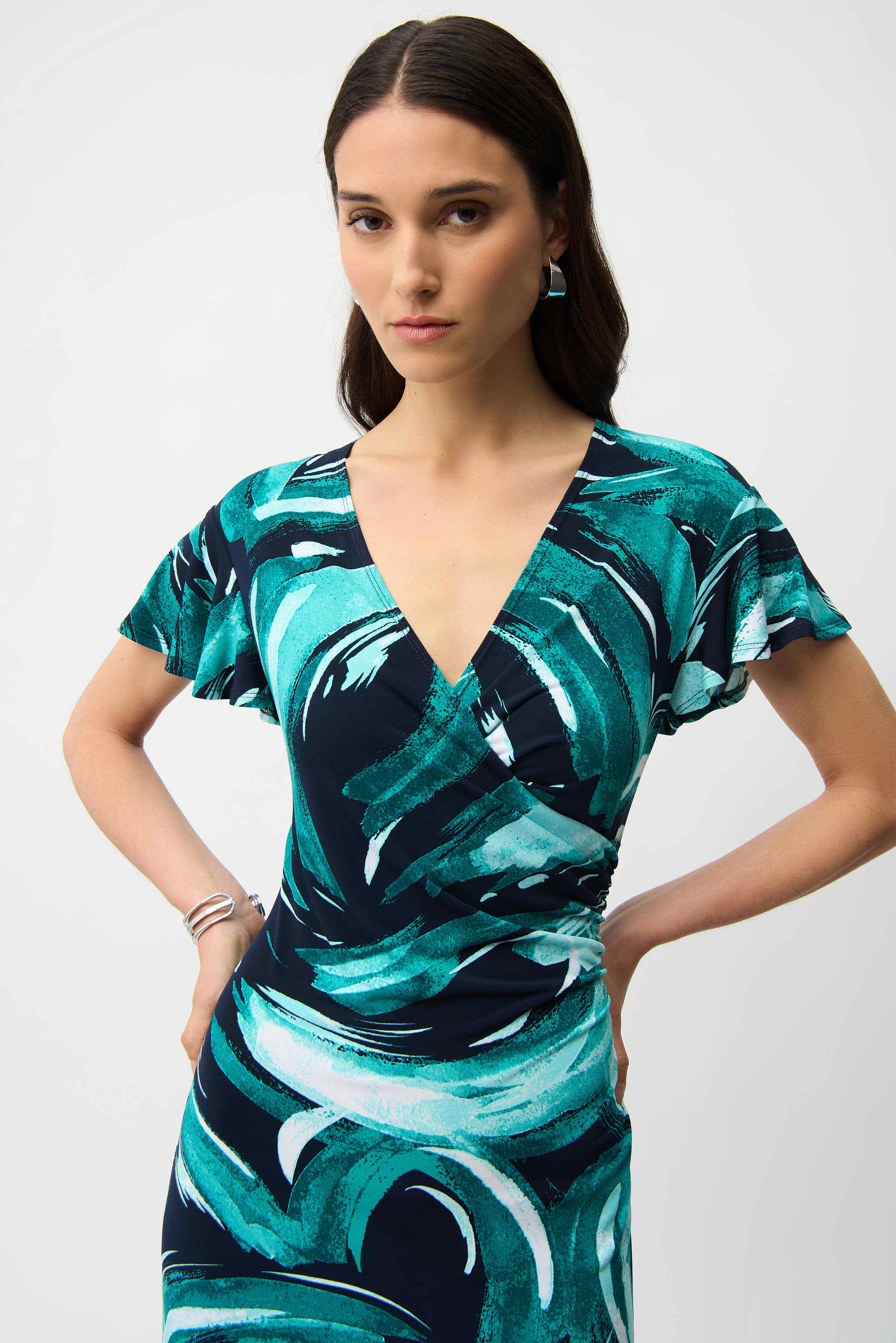 Silky Knit Abstract Print Fit and Flare Wrap Dress