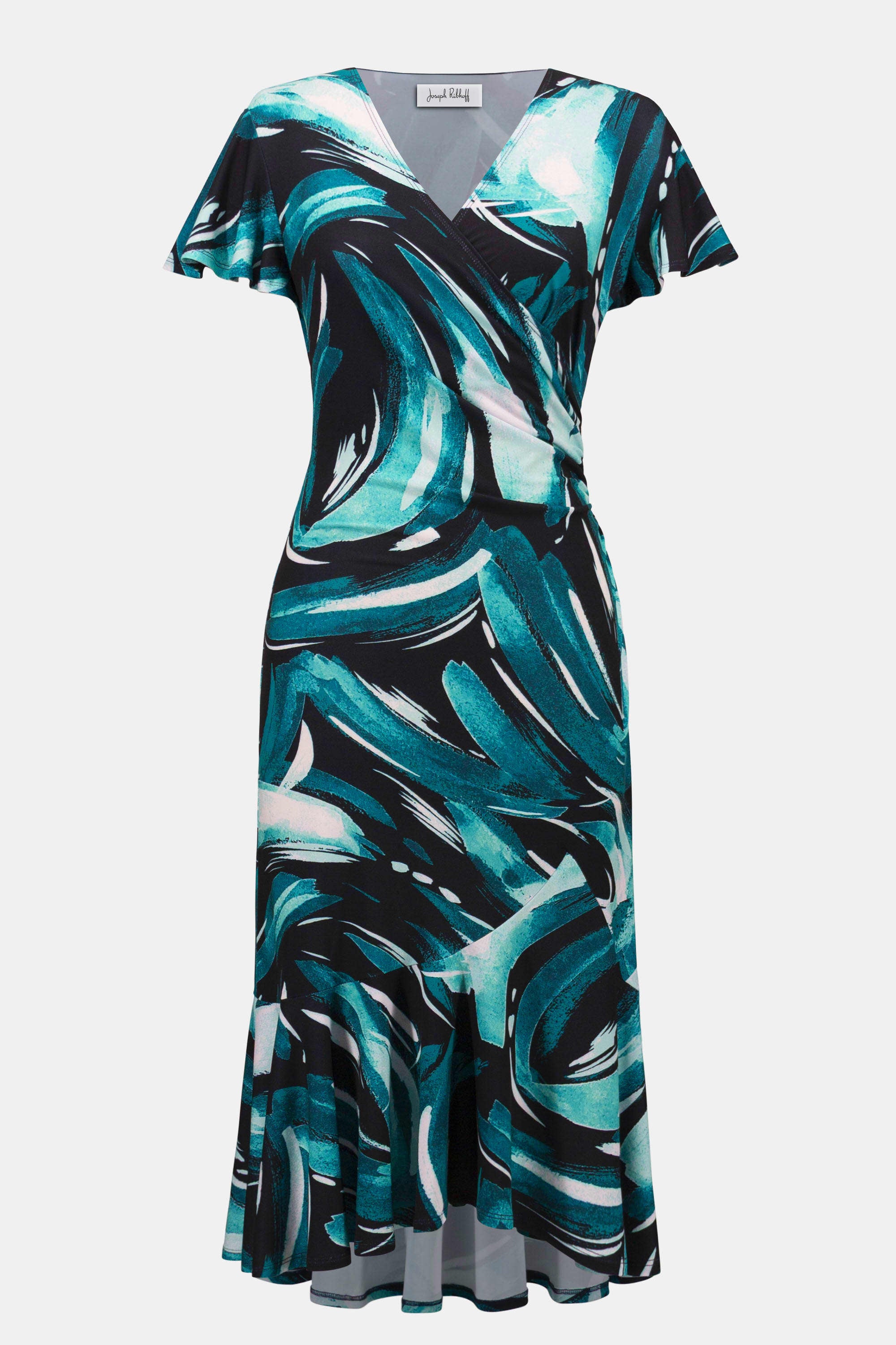 Silky Knit Abstract Print Fit and Flare Wrap Dress