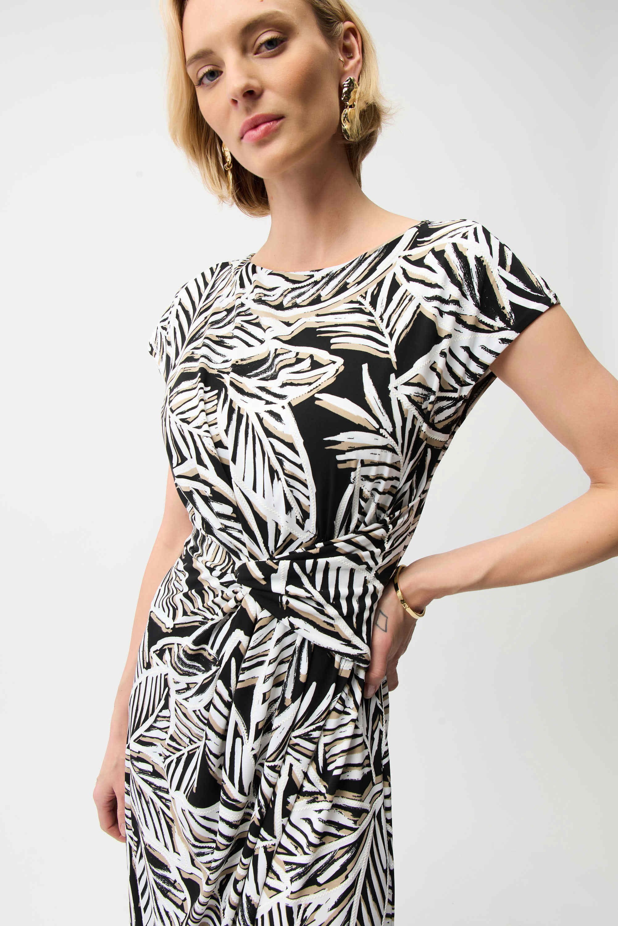 Silky Knit Tropical Print Fit and Flare Dress With Boat Neckline