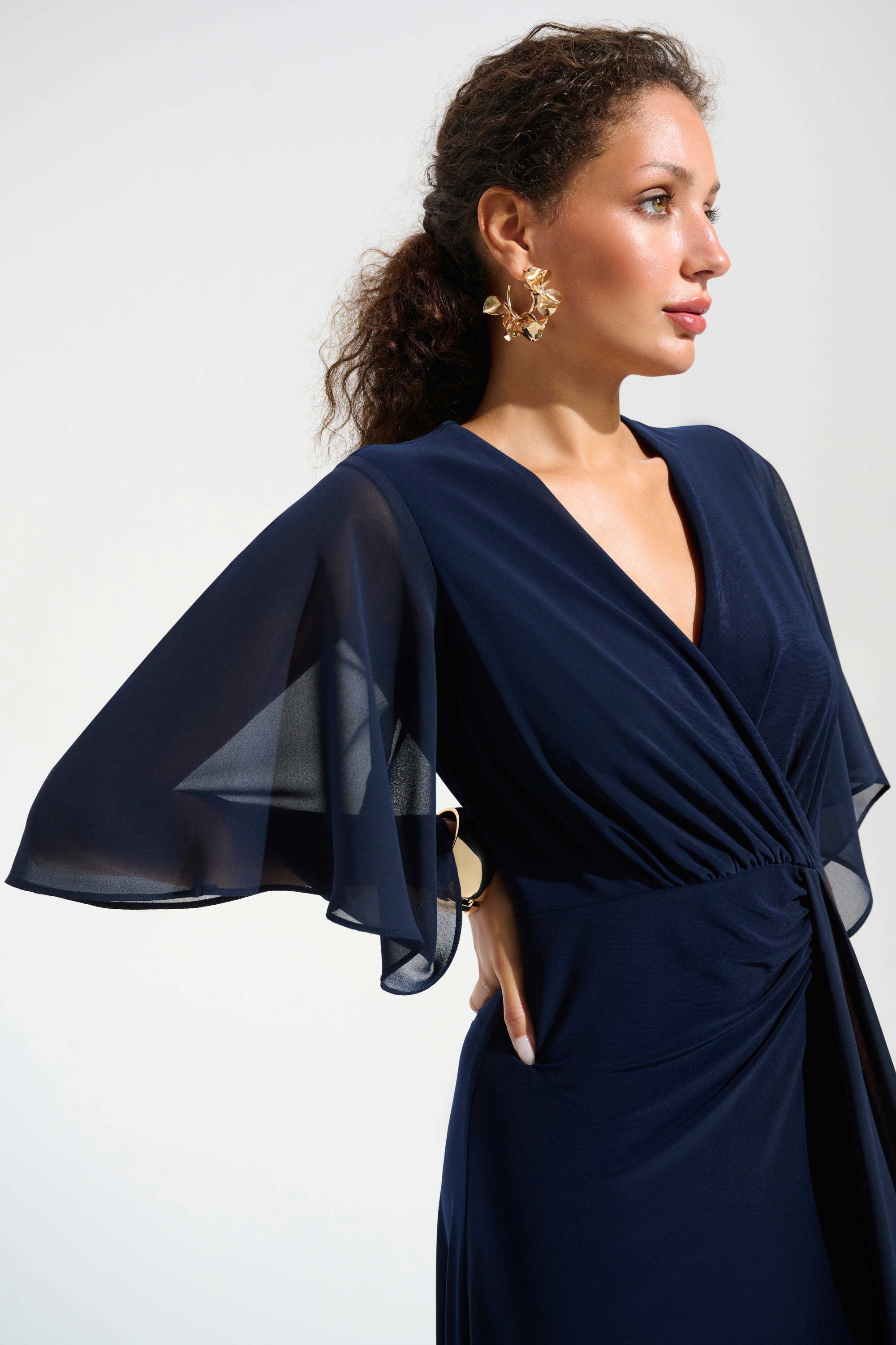 Silky Knit Fit and Flare Dress With Chiffon Draped Sash