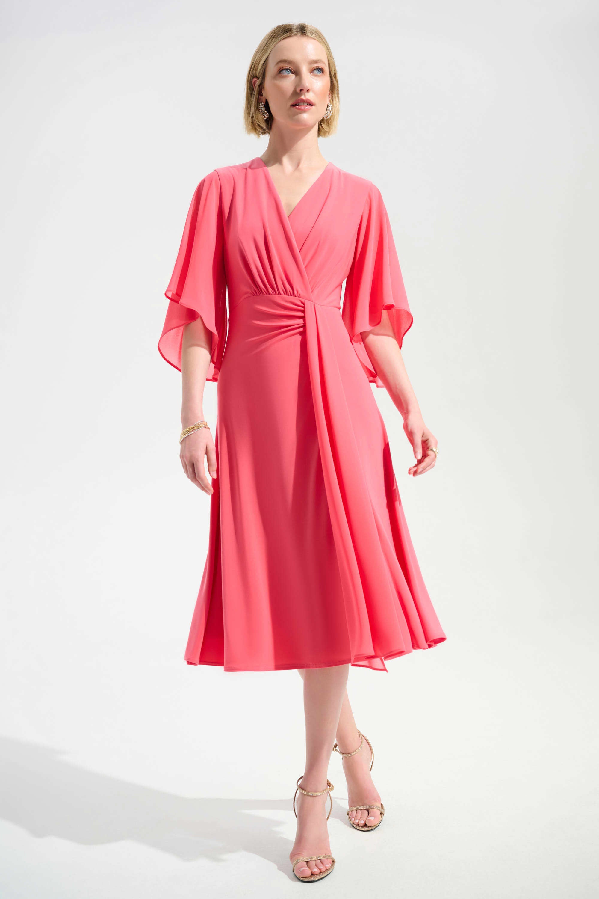 Silky Knit Fit and Flare Dress With Chiffon Draped Sash