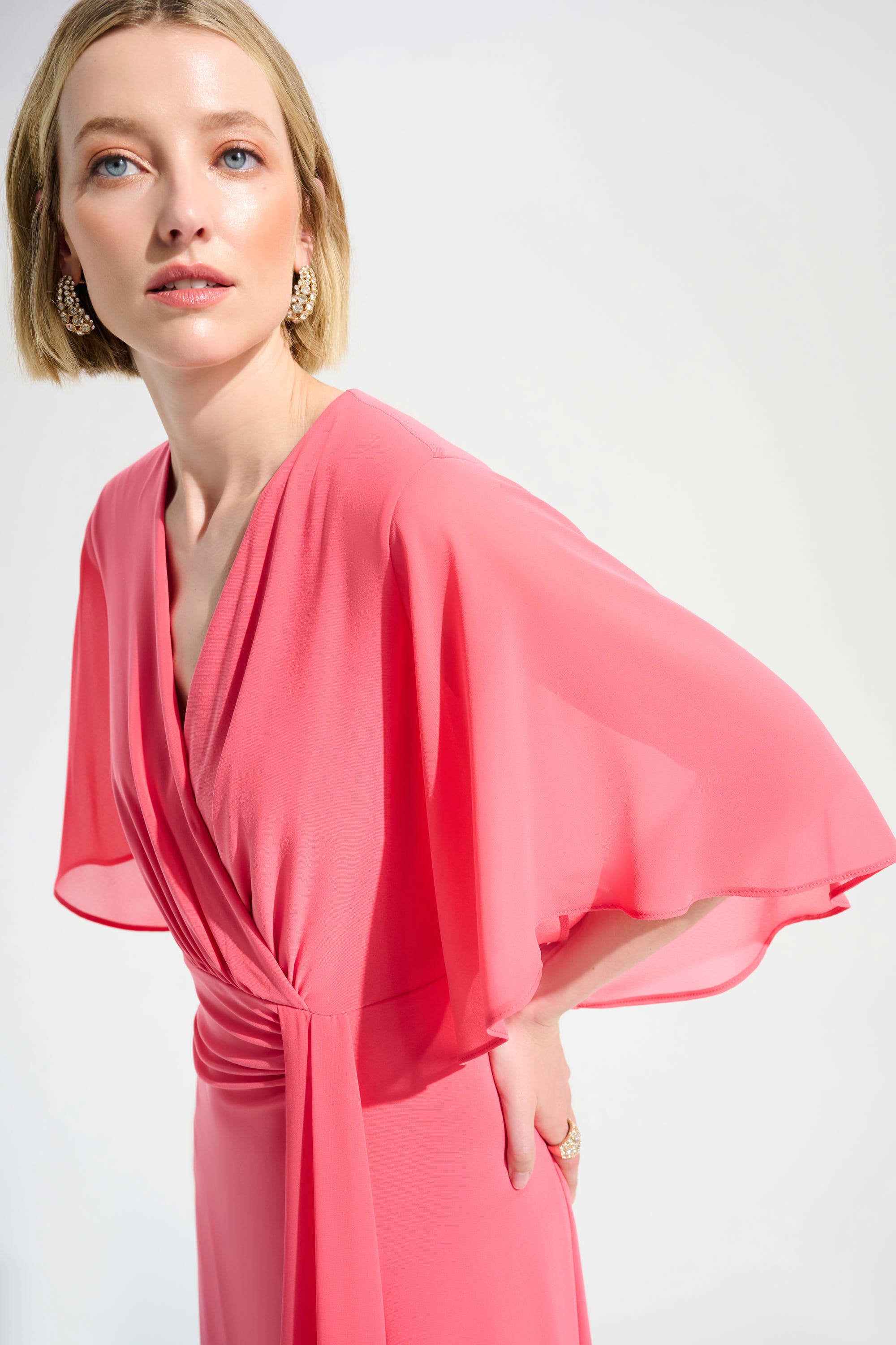 Silky Knit Fit and Flare Dress With Chiffon Draped Sash