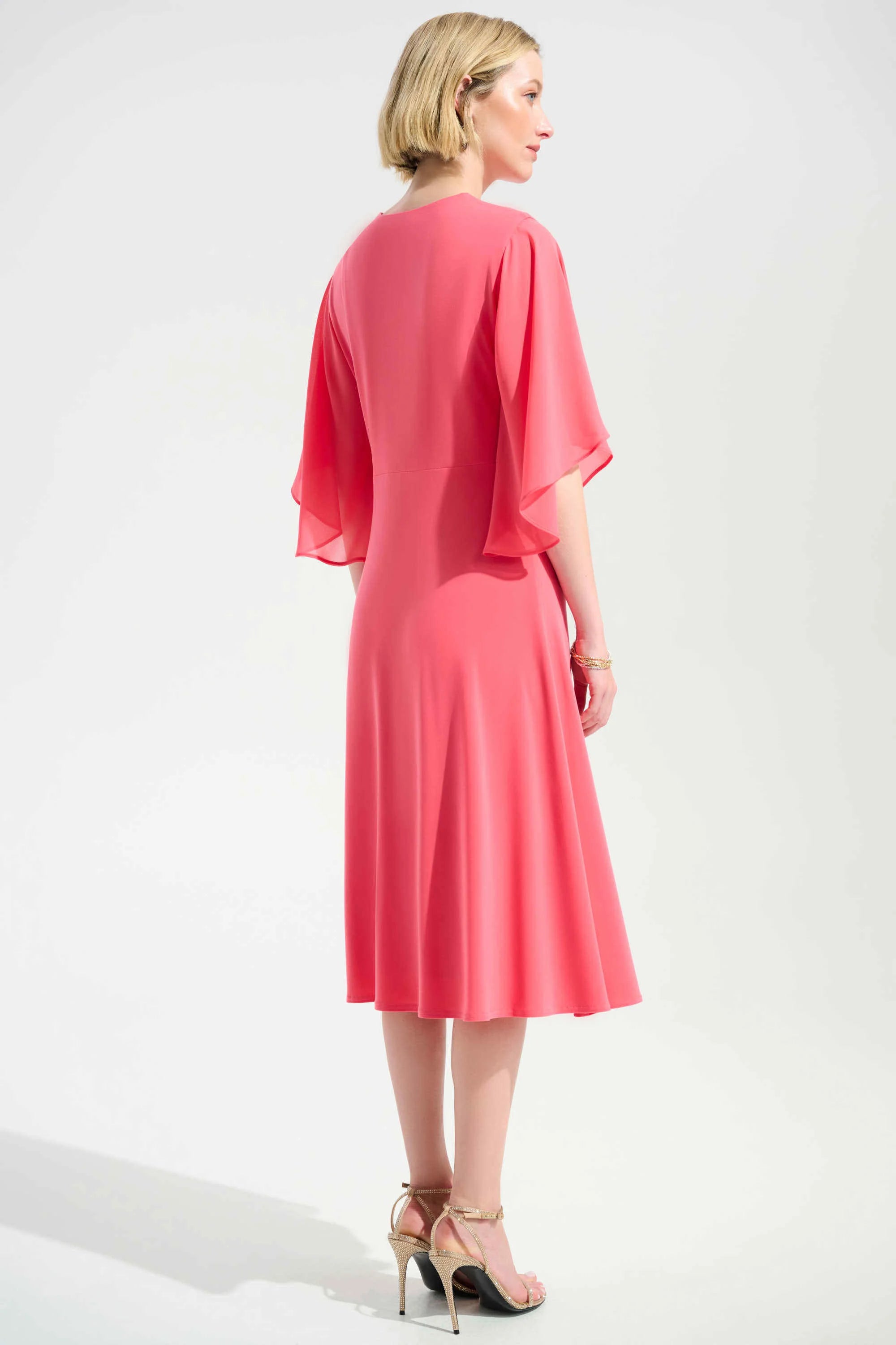 Silky Knit Fit and Flare Dress With Chiffon Draped Sash