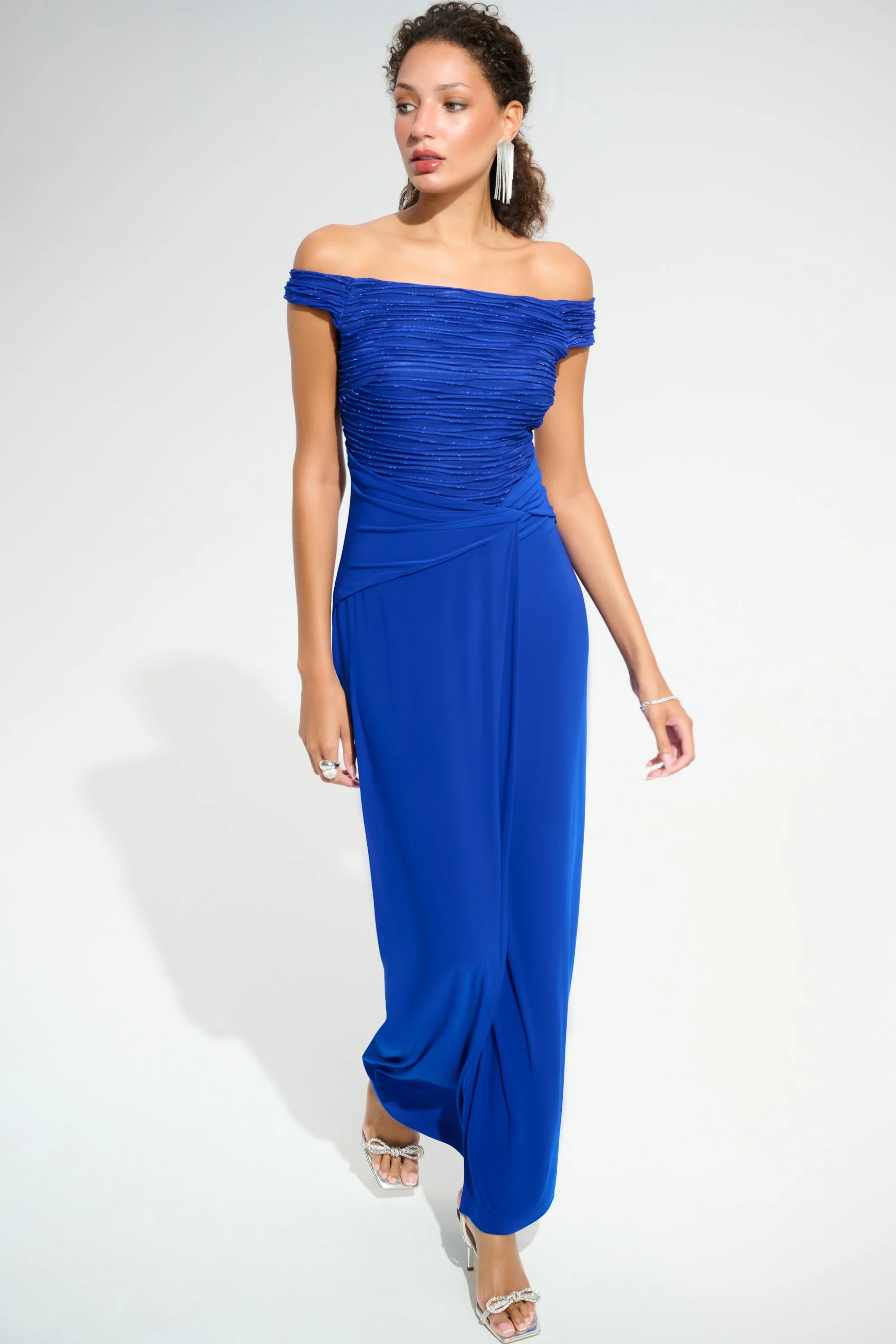 Silky Knit And Cascade Off-Shoulder Sheath Gown